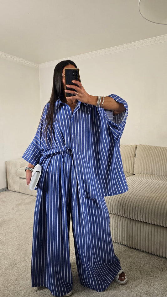 Précommande – Expédition à partir du 28/04/26. Ensemble Rayé Chemise Oversize + Pantalon Palazzo – Bleu