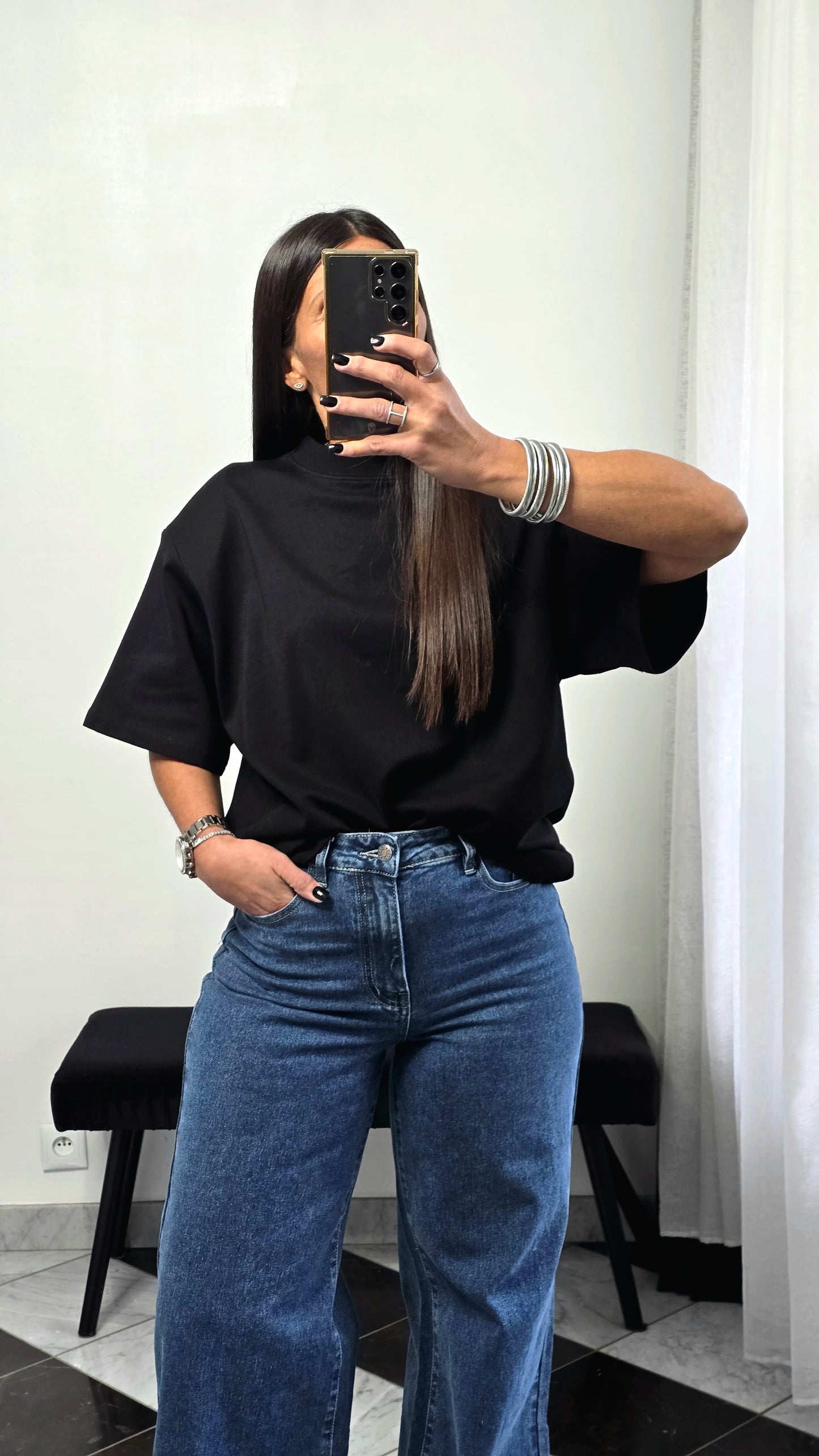 T-shirt à épaulettes noir en coton épais