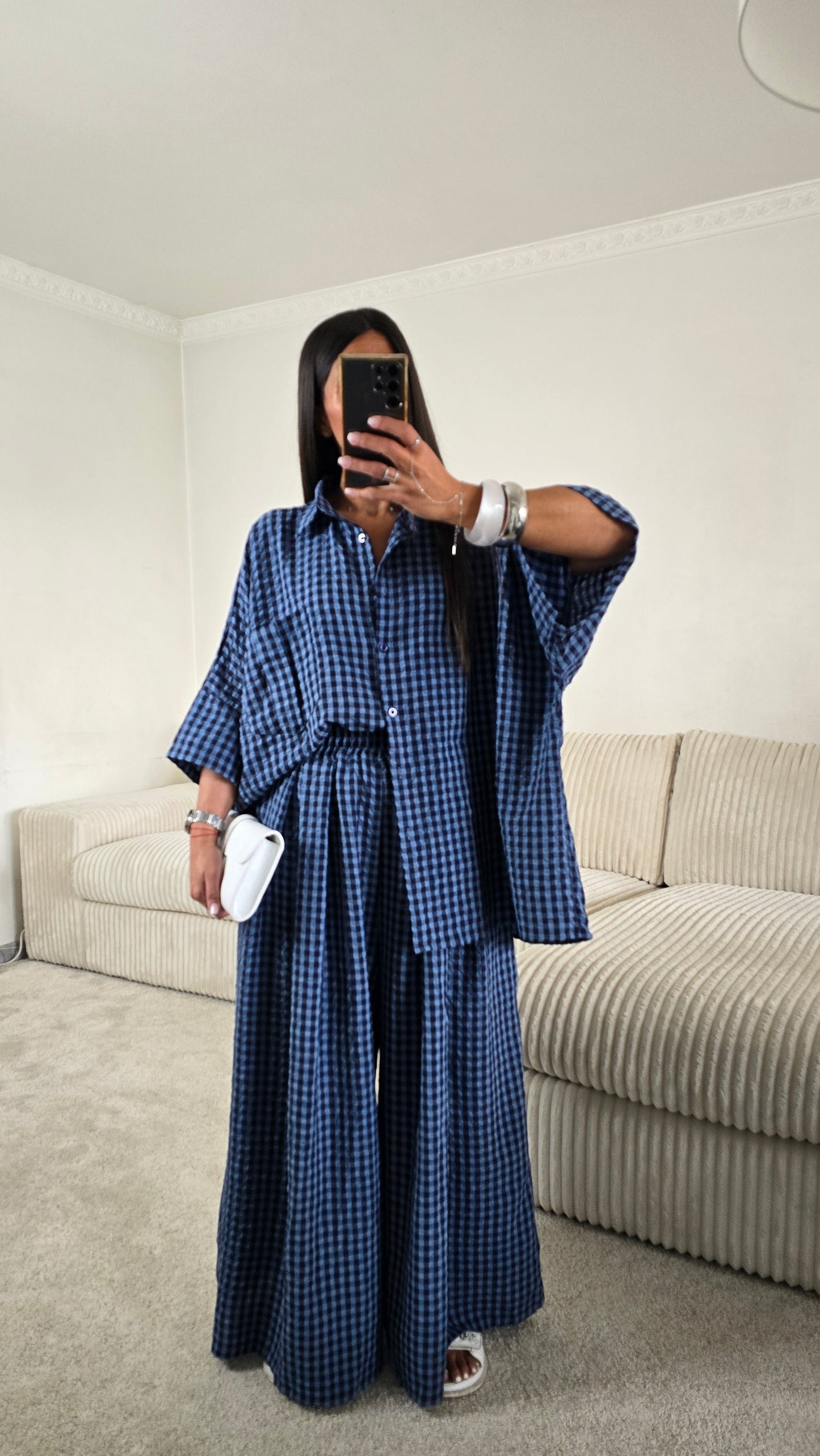 Ensemble oversize bleu à carreaux vichy