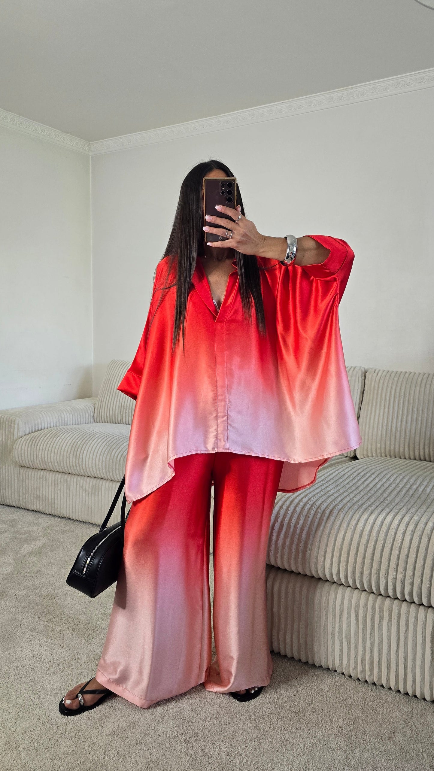 Pantalon satiné dégradé rouge & rose poudré – fabrication française