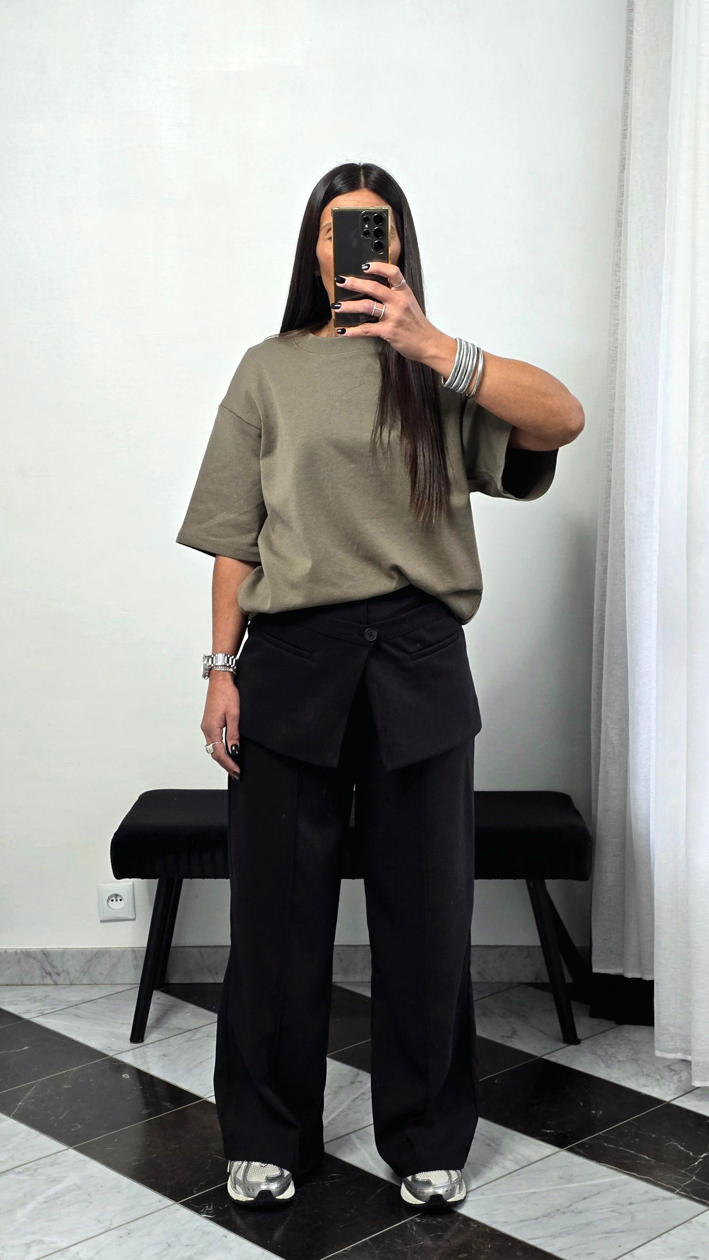 T-shirt à épaulettes kaki en coton épais
