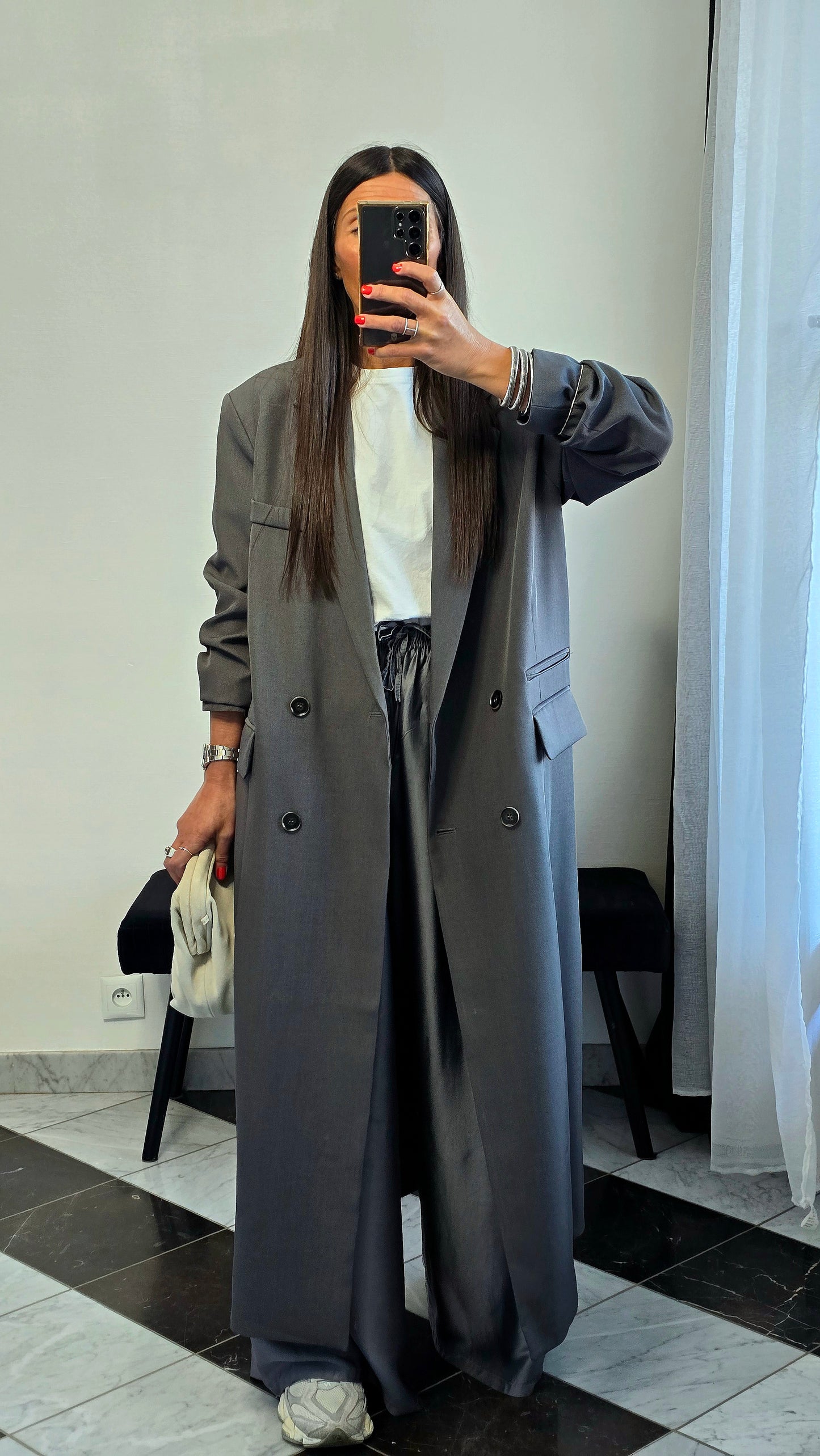 Blazer long oversize gris – coupe signature SOÉLA