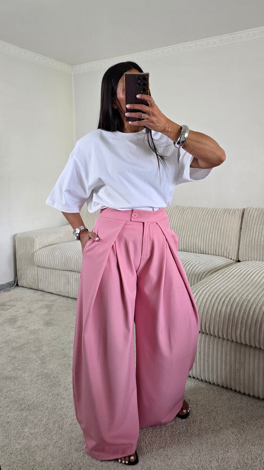 Pantalon palazzo rose taille haute fluide – style chic & moderne