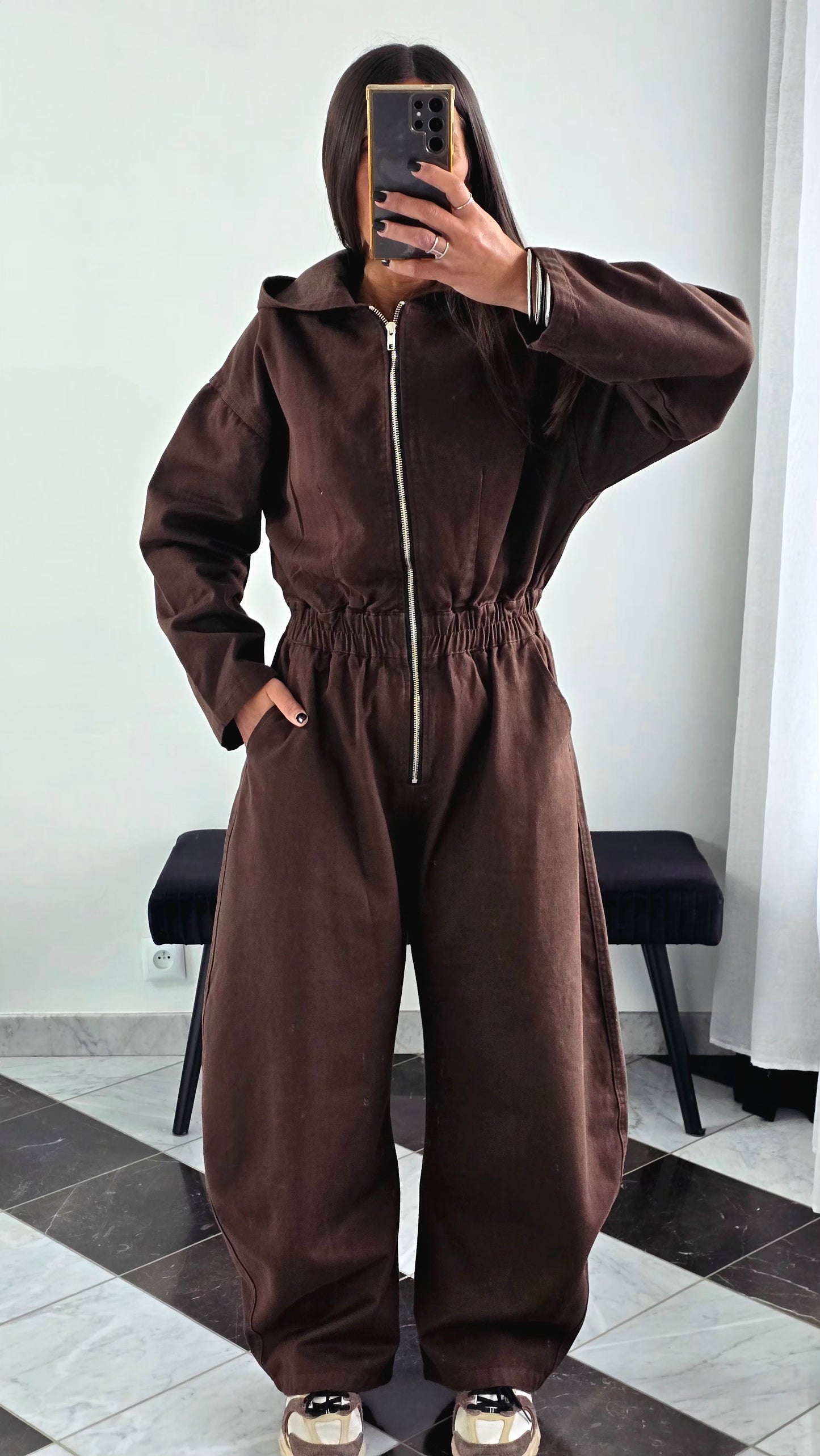 Combinaison chocolat en coton – zip & capuche