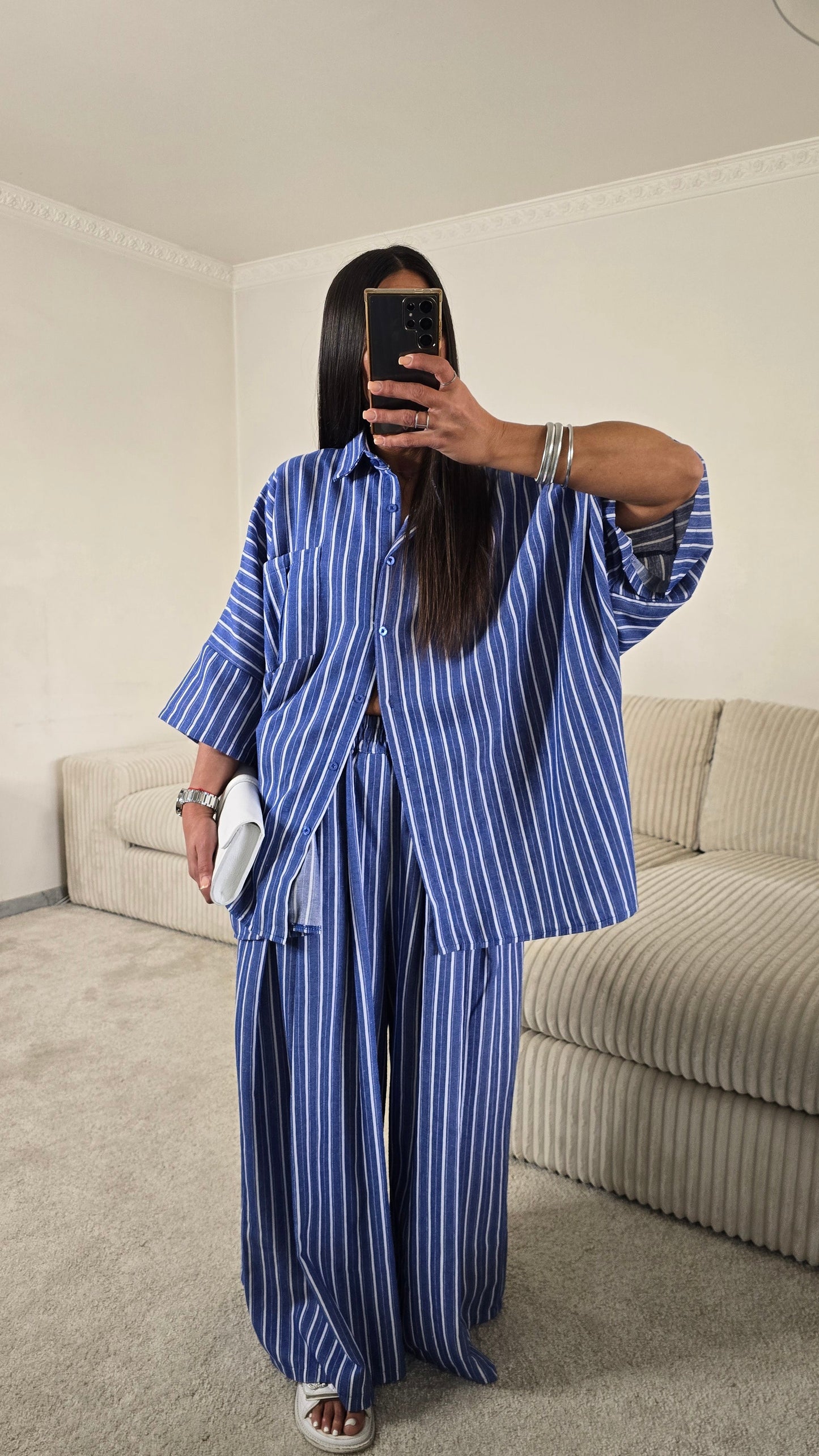 Précommande – Expédition à partir du 28/04/26.          Ensemble Rayé Chemise Oversize + Pantalon Palazzo – Bleu