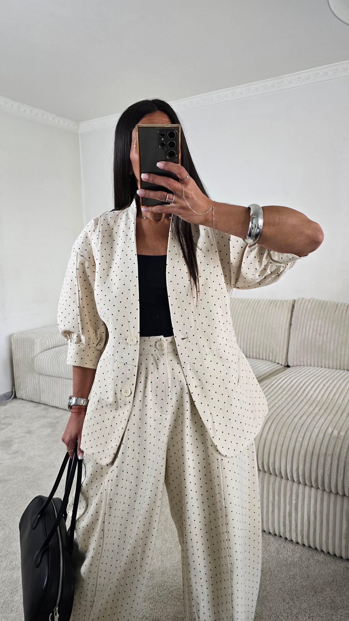 Veste écru à pois manches courtes – style chic & rétro moderne