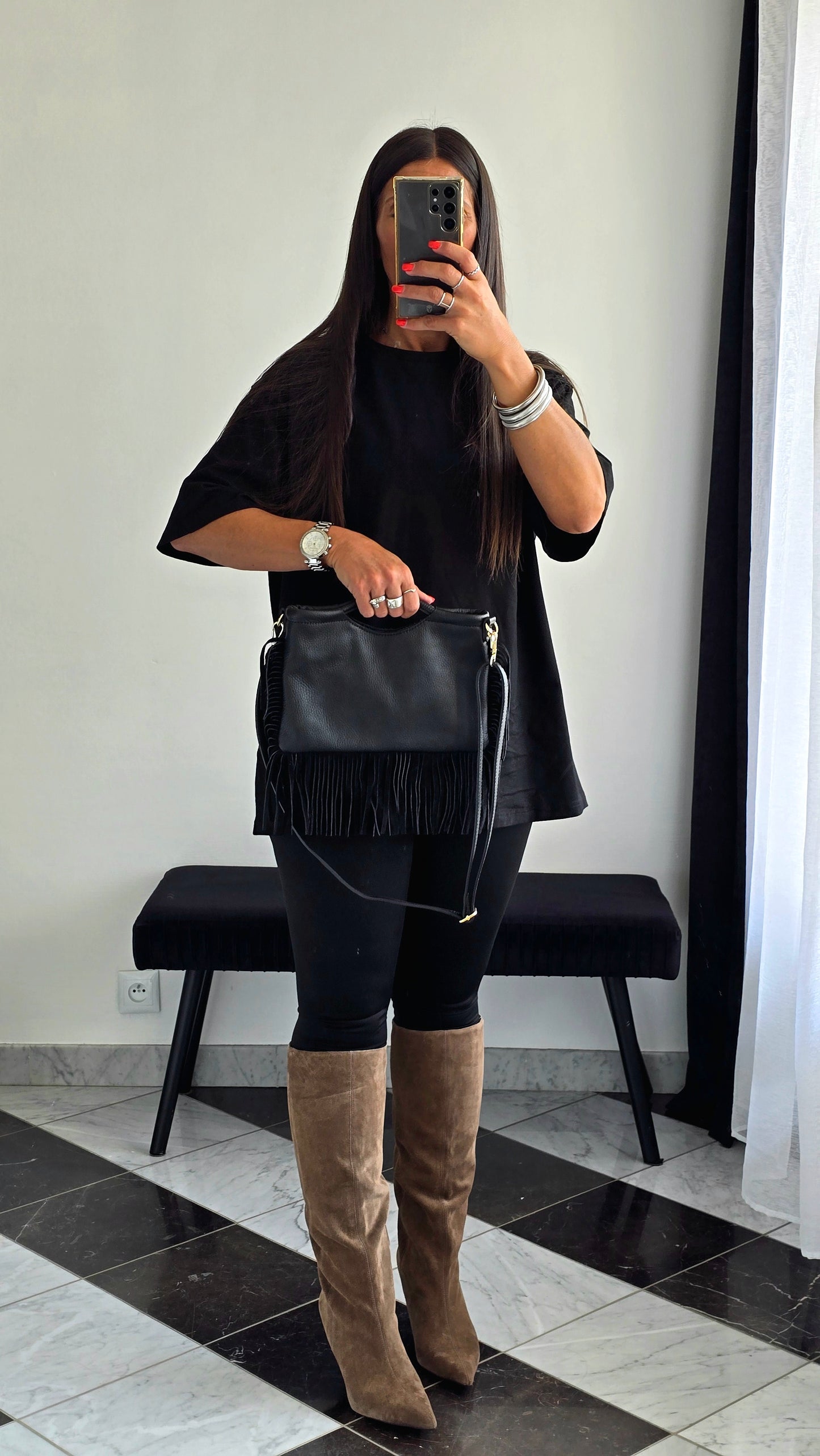 Sac en Cuir de Vachette Noir à Franges