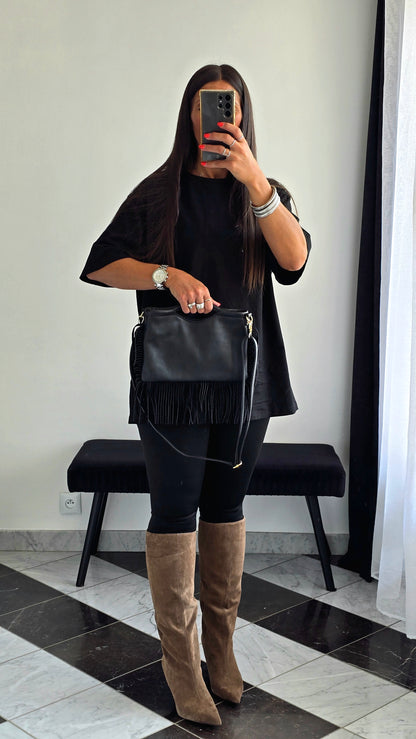 Sac en Cuir de Vachette Noir à Franges