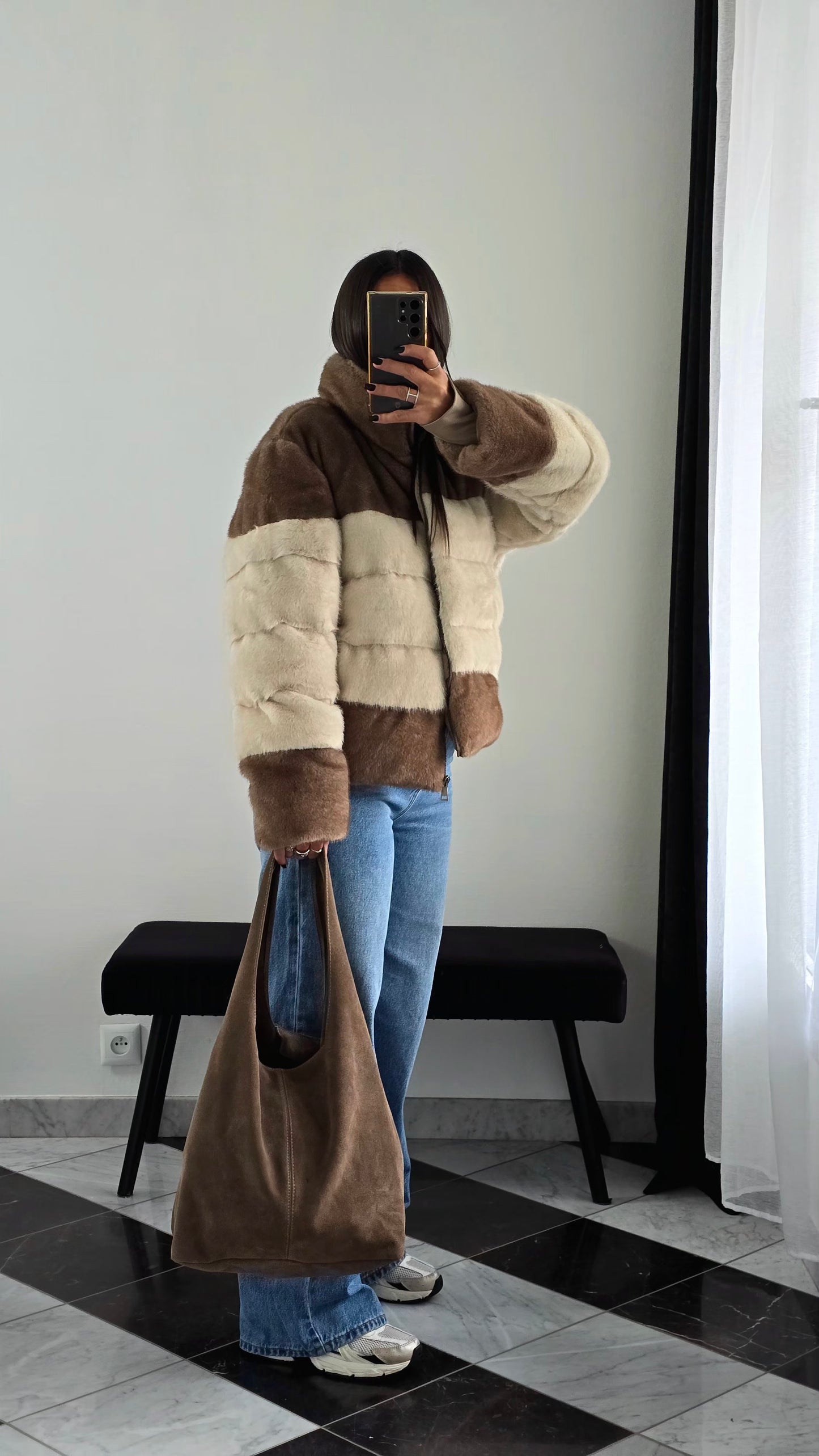 Manteau Effet Doudoune Bi-Color – Beige & Marron Clair