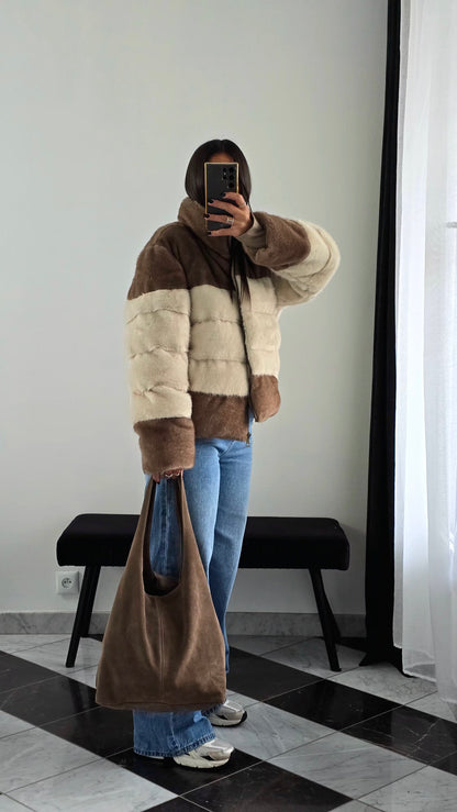 Manteau Effet Doudoune Bi-Color – Beige & Marron Clair