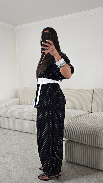Veste noire à pois manches courtes – style chic & rétro moderne