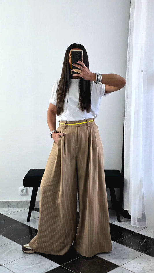 Pantalon Tailleur Large Rayures – Beige
