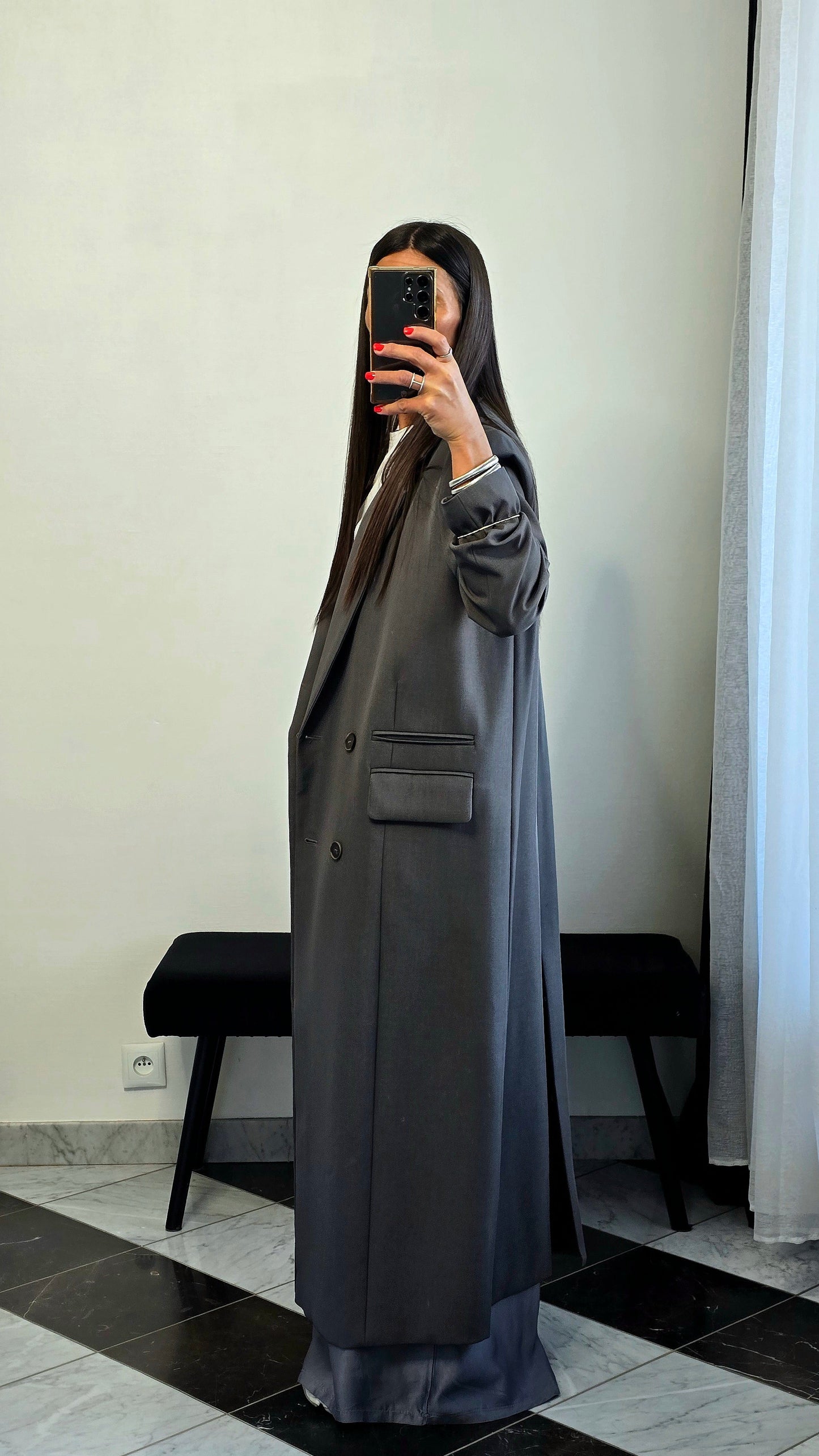 Blazer long oversize gris – coupe signature SOÉLA