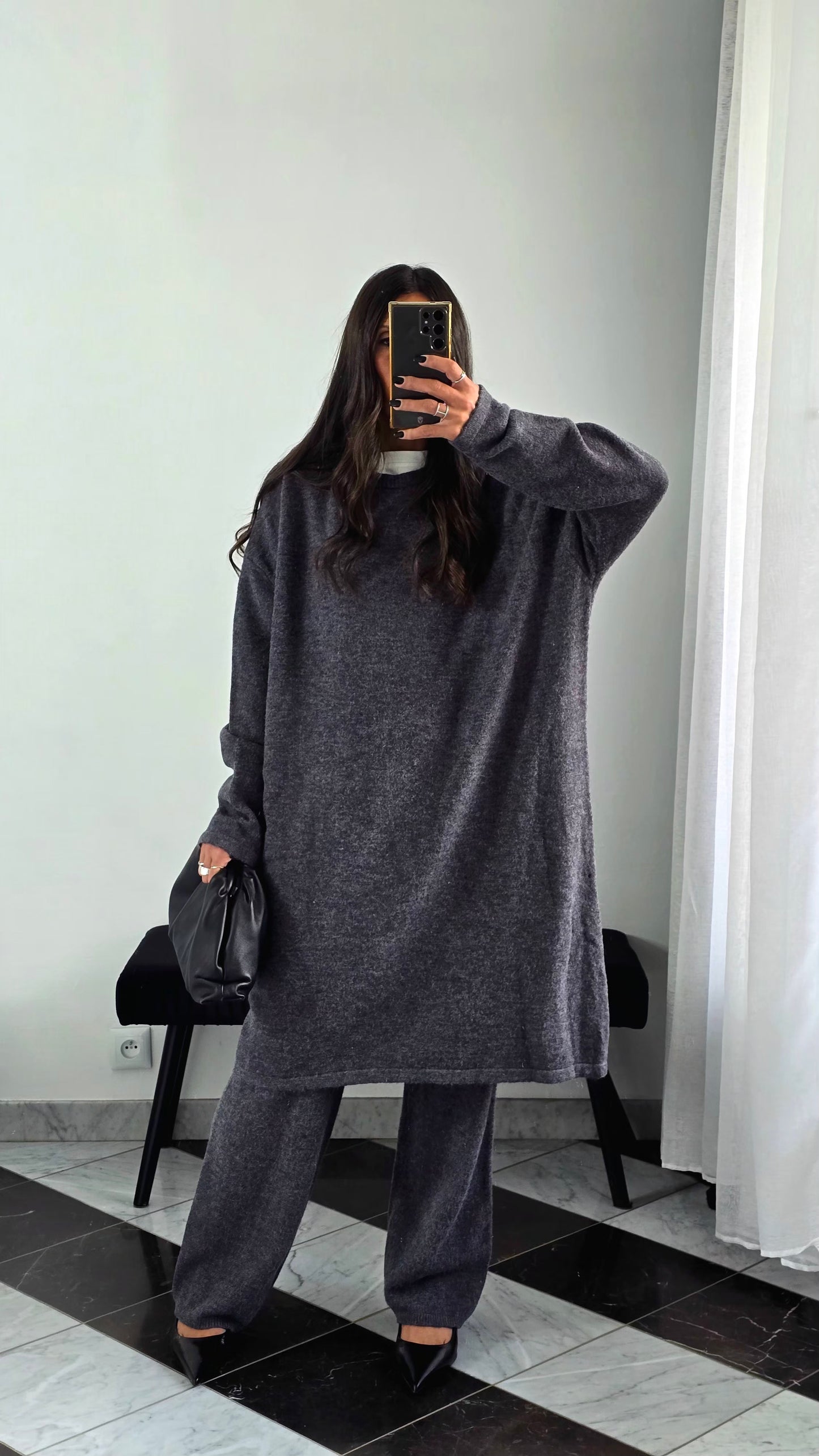 Ensemble Robe + Pantalon Maille Épais – Gris Anthracite