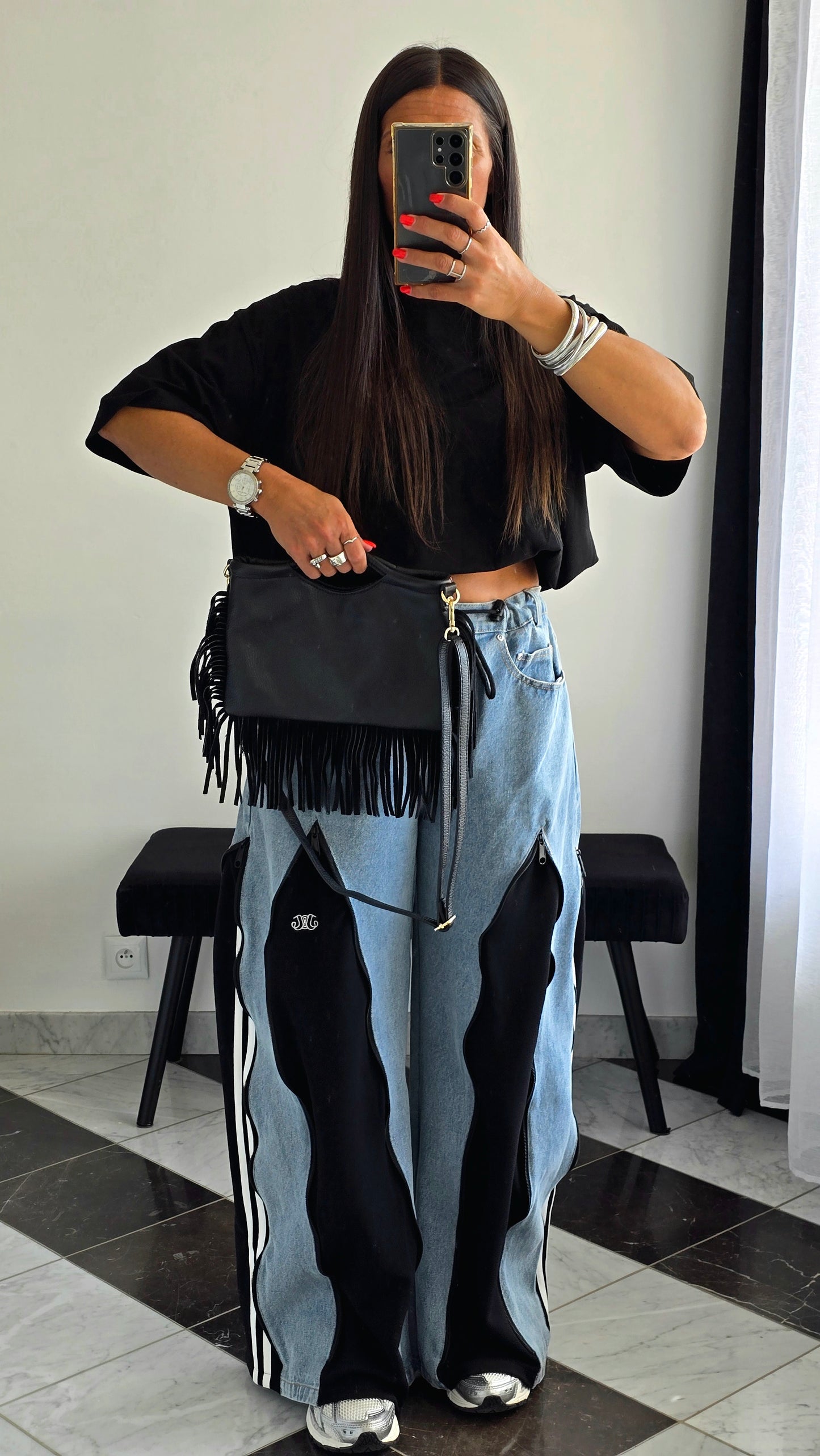 Sac en Cuir de Vachette Noir à Franges