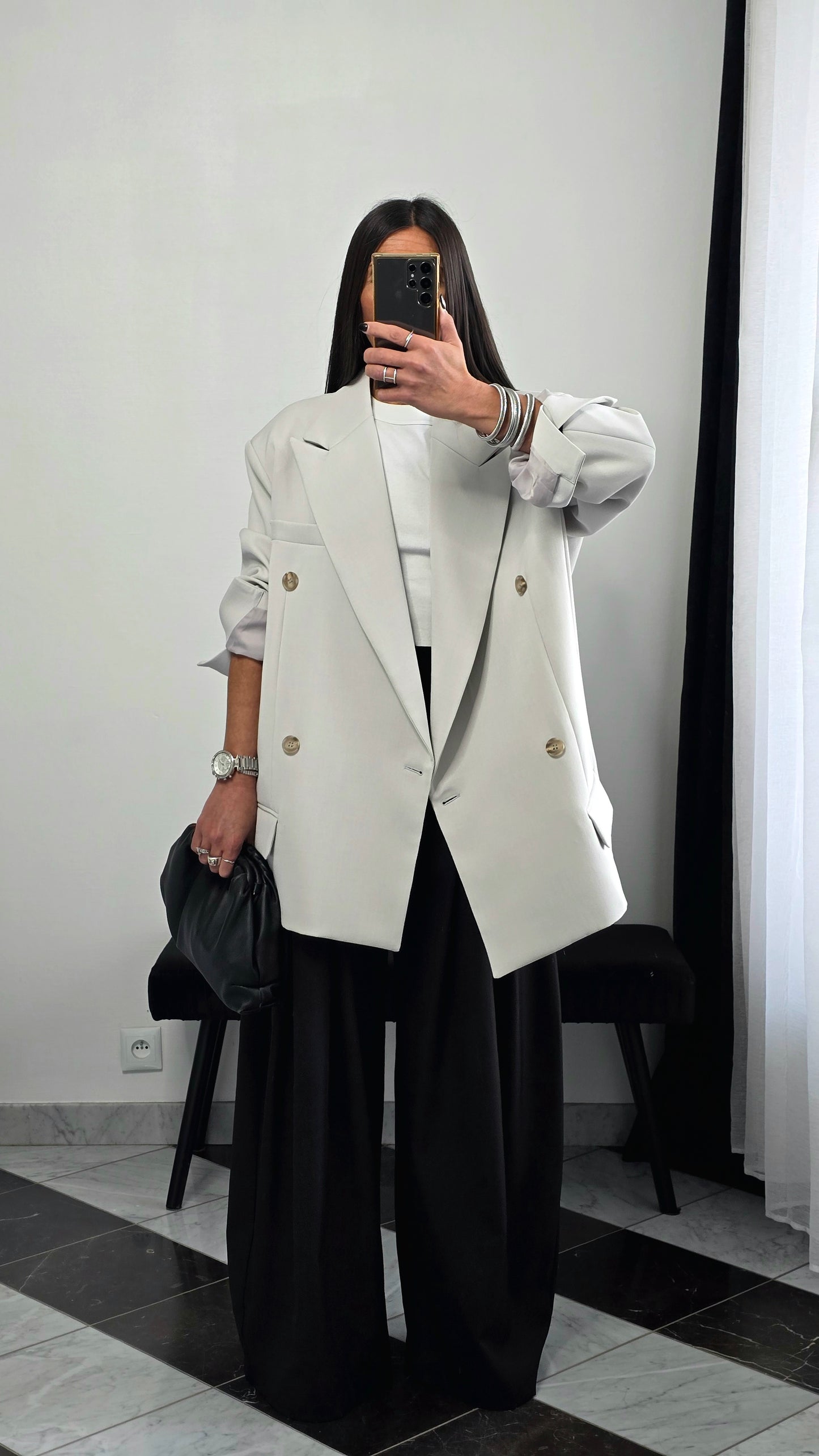 Blazer oversize gris clair – coupe tailoring structurée & double boutonnage