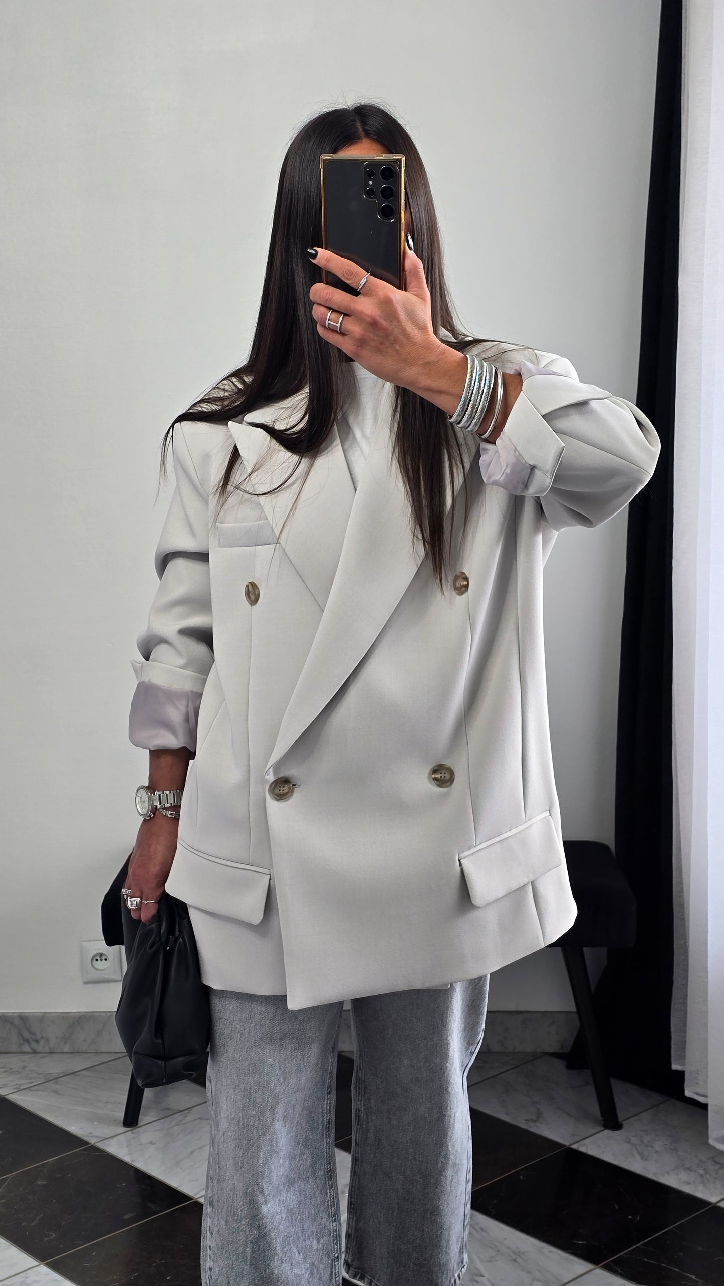 Blazer oversize gris clair – coupe tailoring structurée & double boutonnage