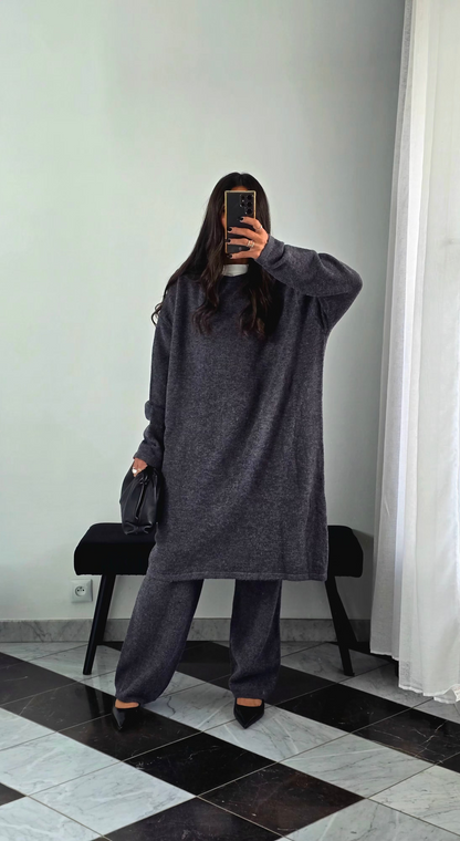 Ensemble Robe + Pantalon Maille Épais – Gris Anthracite