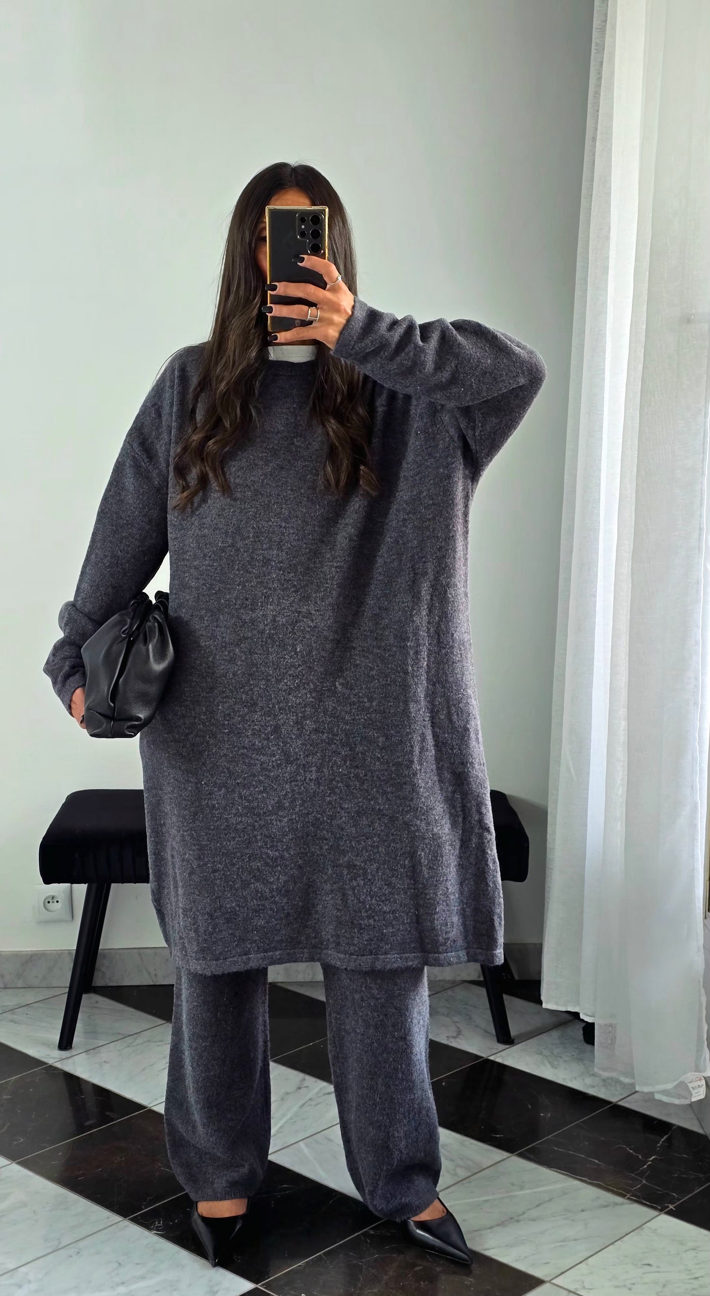 Ensemble Robe + Pantalon Maille Épais – Gris Anthracite