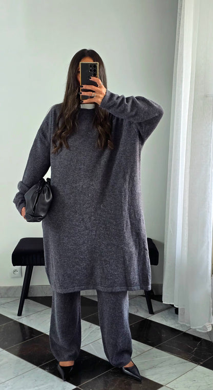 Ensemble Robe + Pantalon Maille Épais – Gris Anthracite