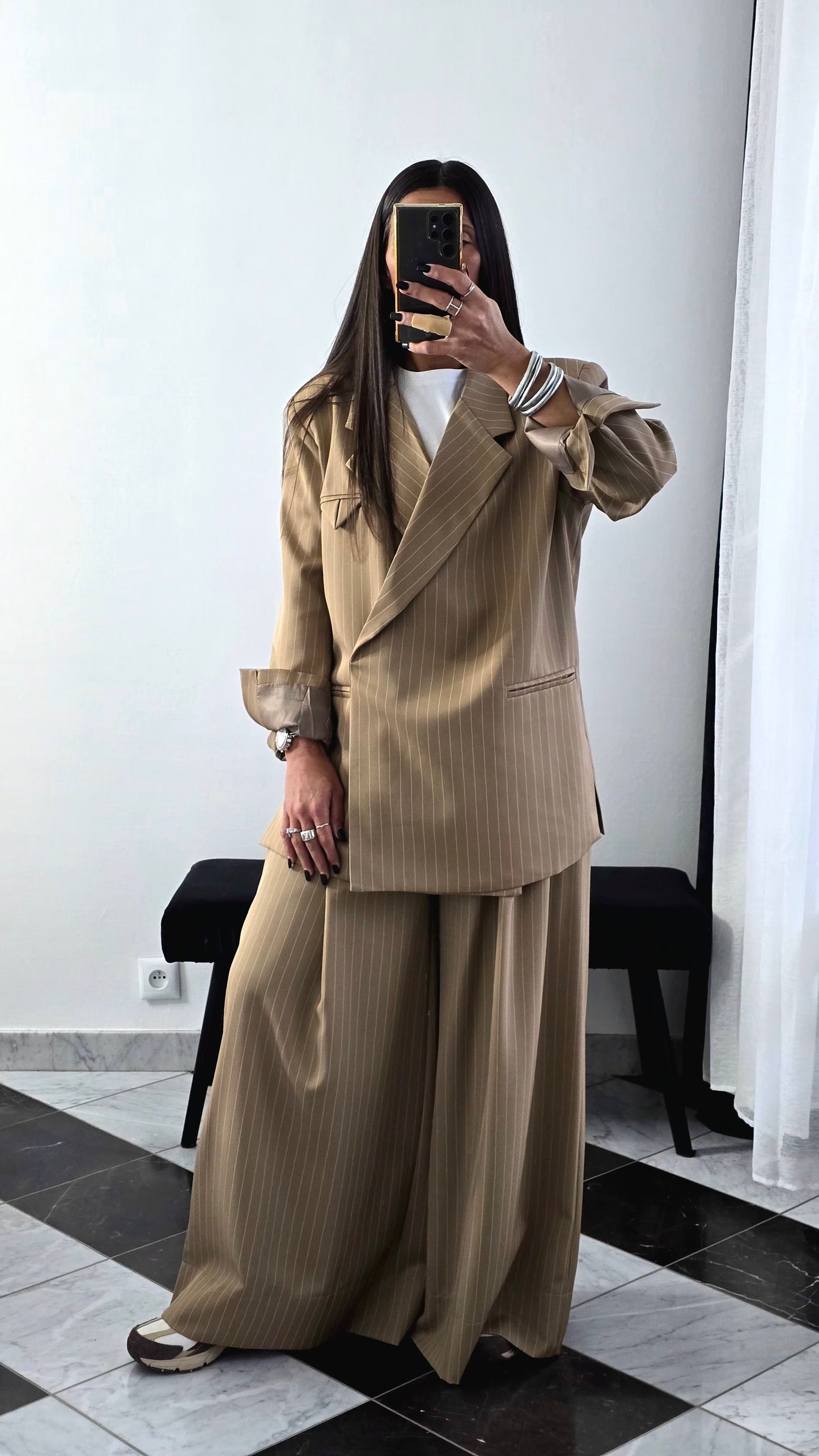 Blazer Oversize Rayé – Beige