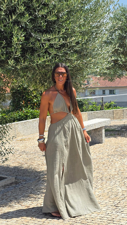 Robe longue dos nu - kaki clair