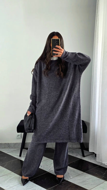 Ensemble Robe + Pantalon Maille Épais – Gris Anthracite