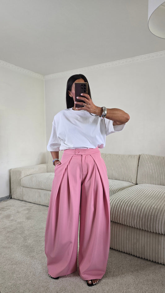 Pantalon palazzo rose taille haute fluide – style chic & moderne