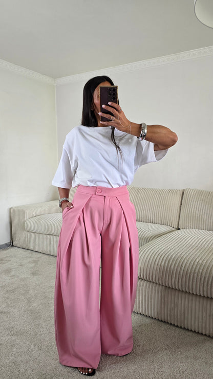 Pantalon palazzo rose taille haute fluide – style chic & moderne