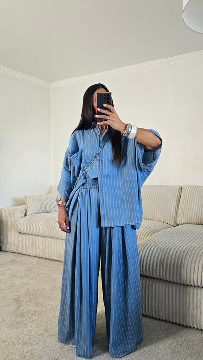 Ensemble esprit japanisant – bleu denim rayé