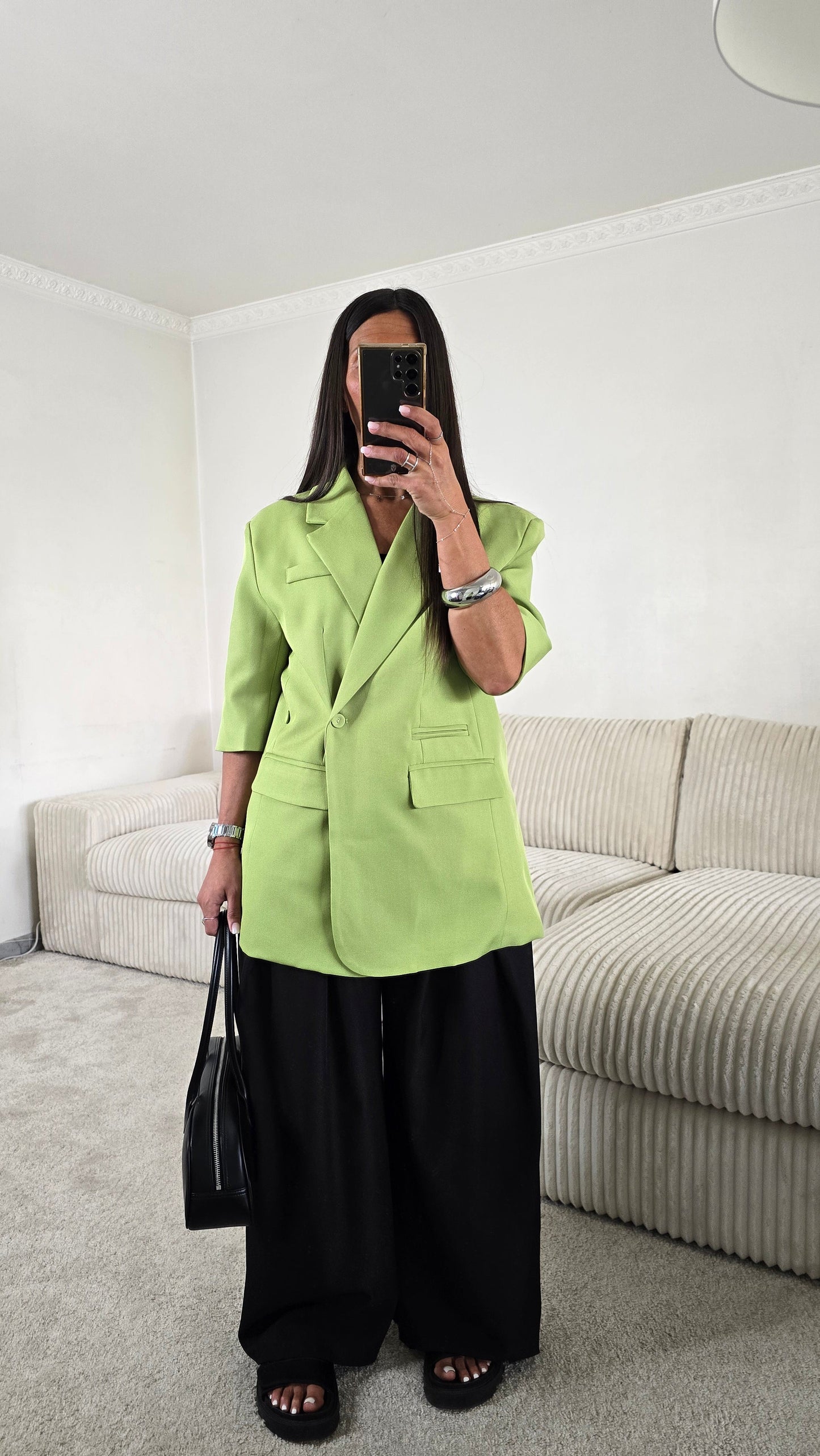 Blazer vert matcha manches courtes ajustable – style chic & sophistiqué