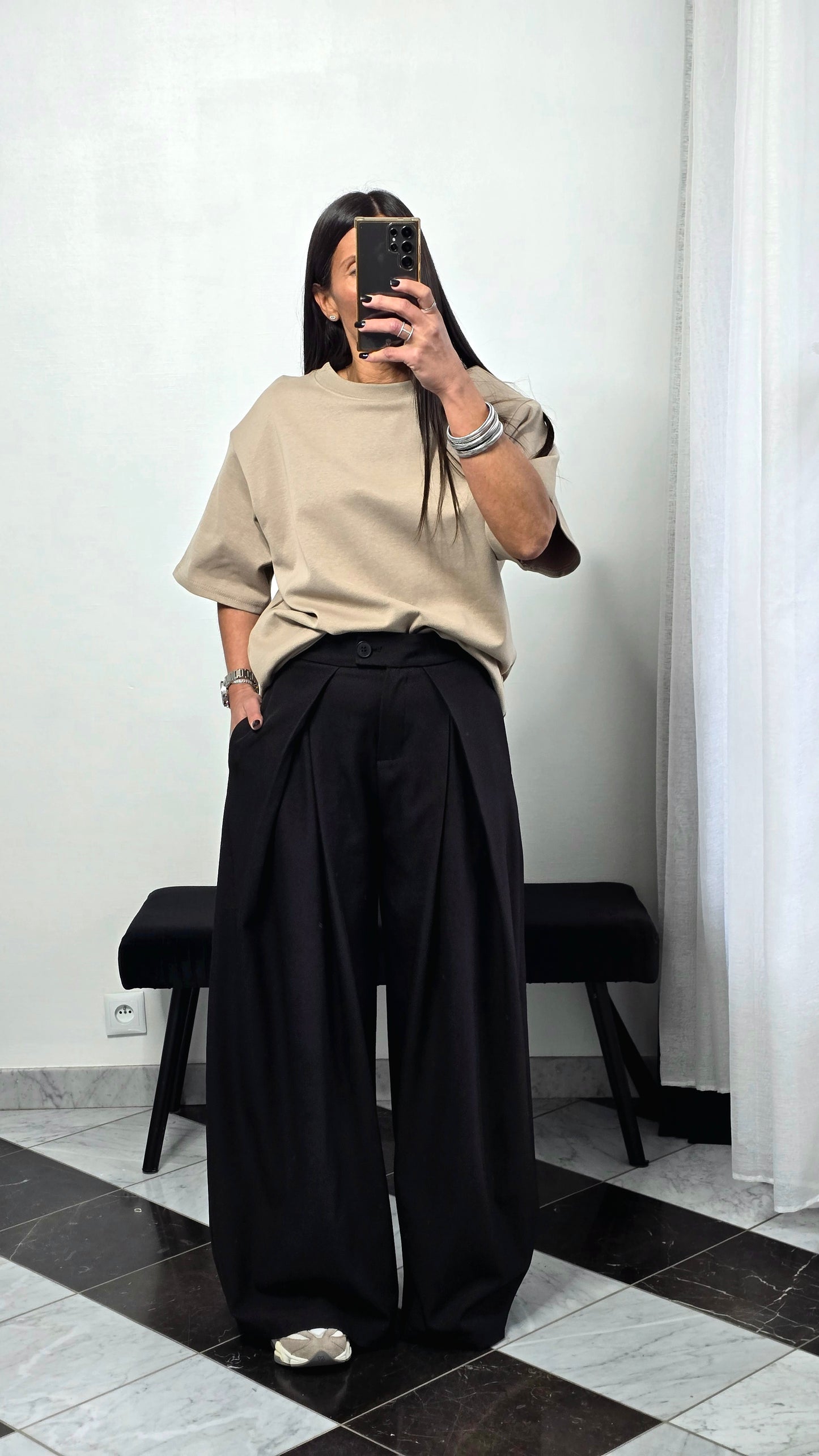 T-shirt à épaulettes taupe en coton épais