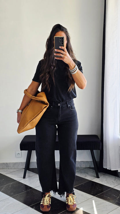 🖤 Jean Balloon Crop – Noir Effet Brut