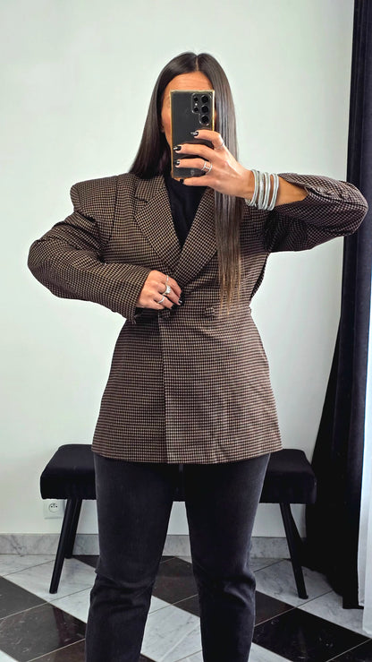 Blazer Structuré à Épaulettes – Imprimé Pied-de-Poule Chocolat