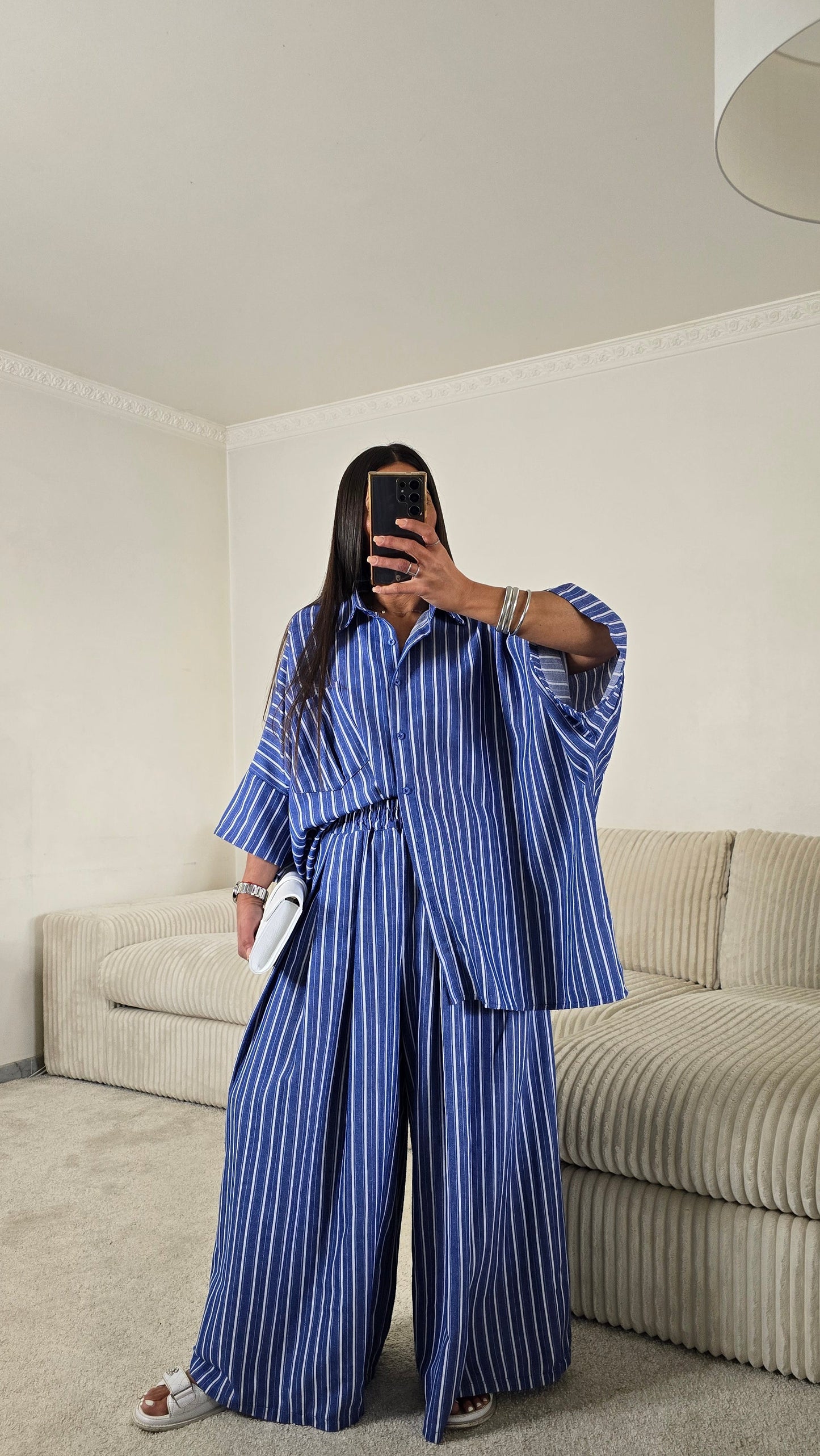 Précommande – Expédition à partir du 28/04/26.          Ensemble Rayé Chemise Oversize + Pantalon Palazzo – Bleu