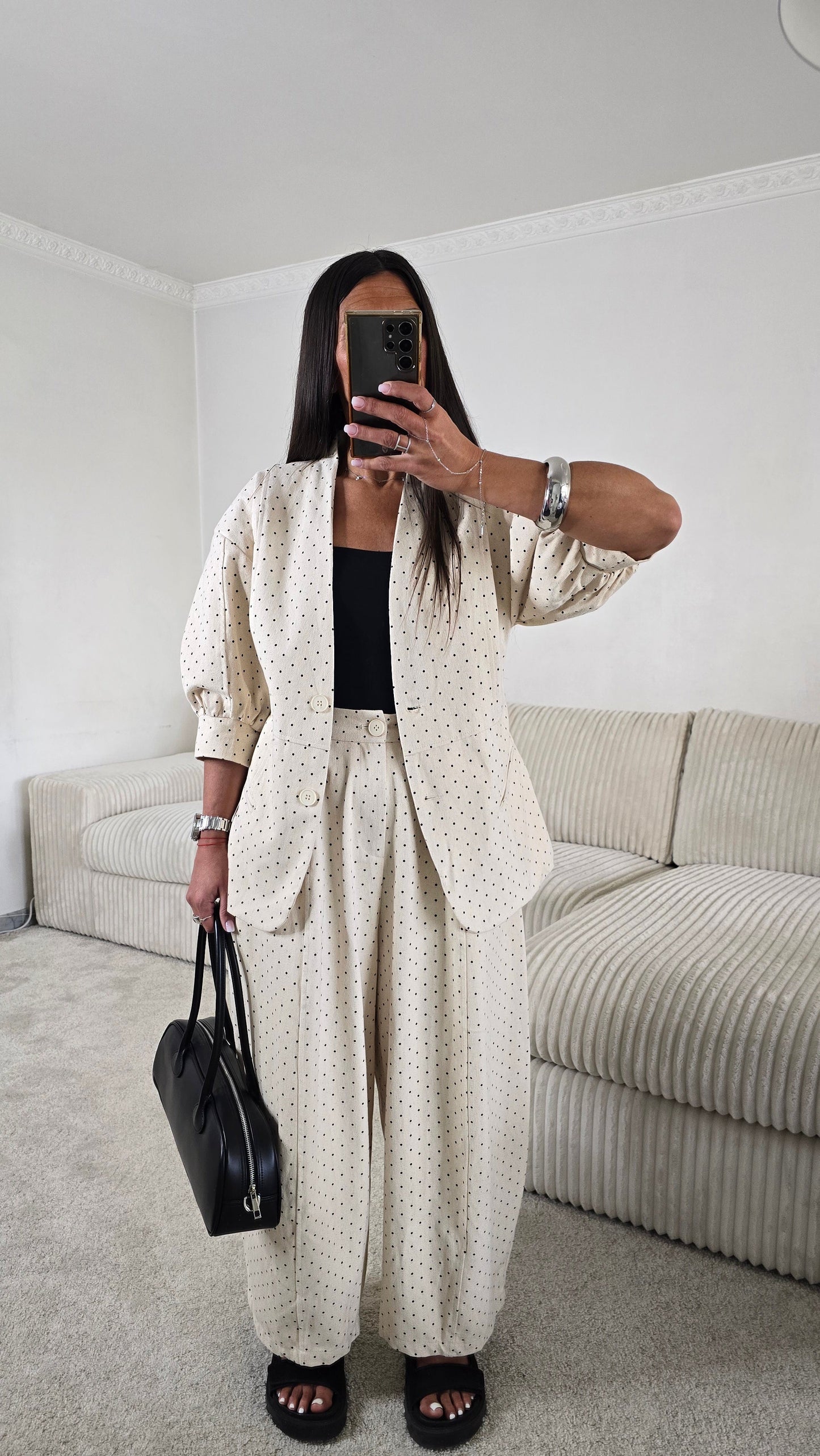 Veste écru à pois manches courtes – style chic & rétro moderne