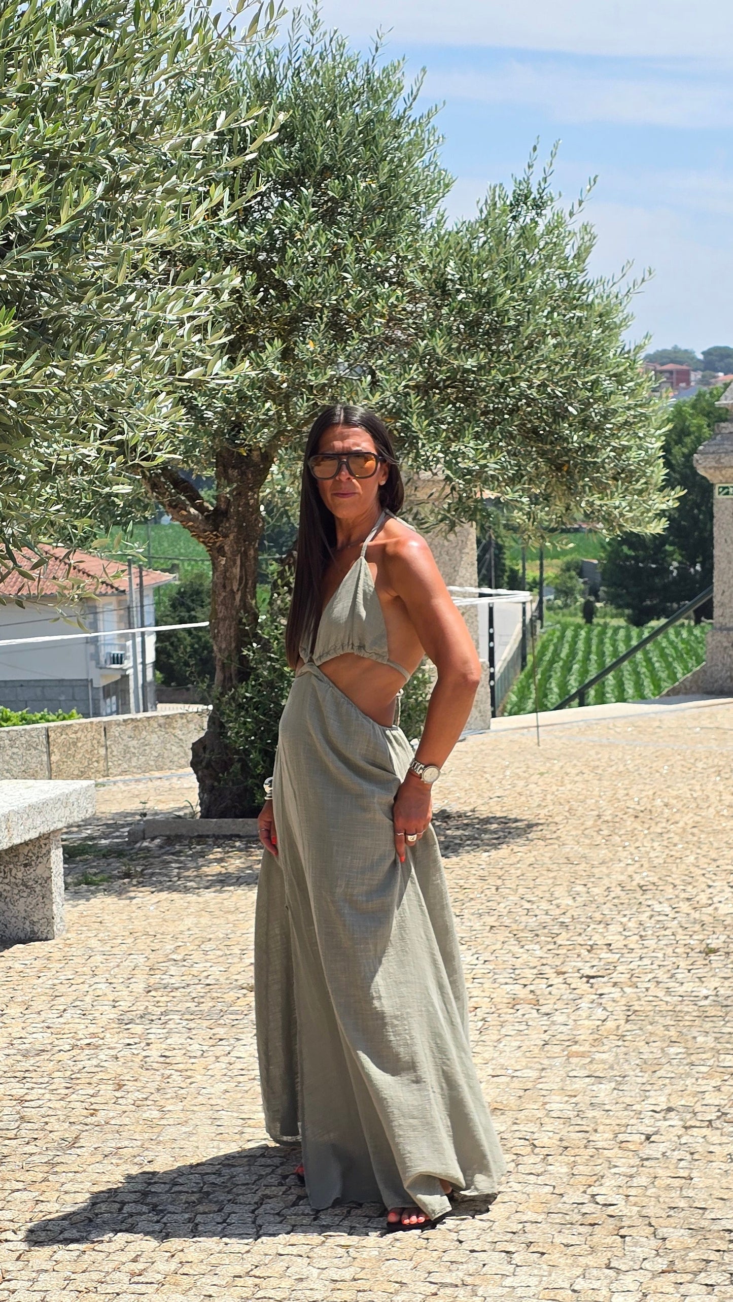 Robe longue dos nu - kaki clair