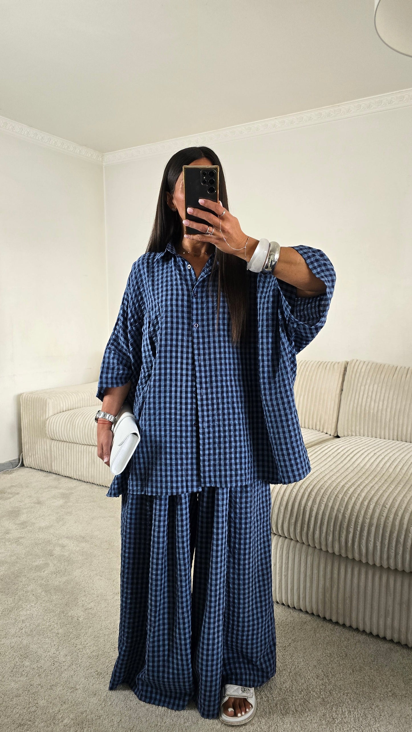Ensemble oversize bleu à carreaux vichy