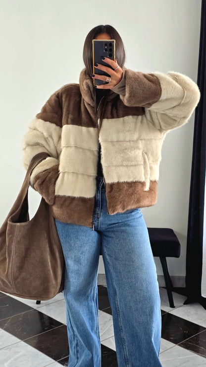 Manteau Effet Doudoune Bi-Color – Beige & Marron Clair