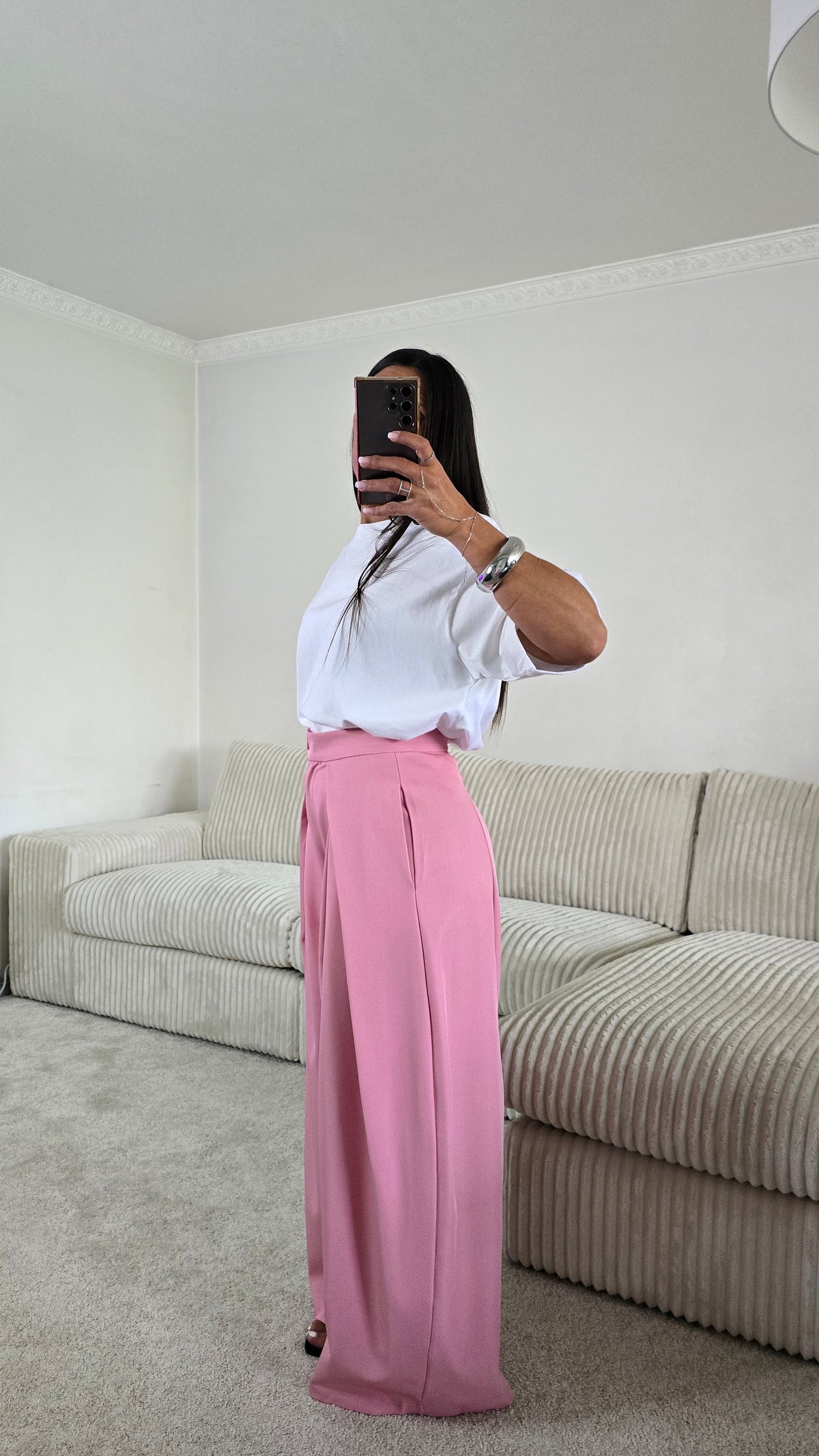 Pantalon palazzo rose taille haute fluide – style chic & moderne