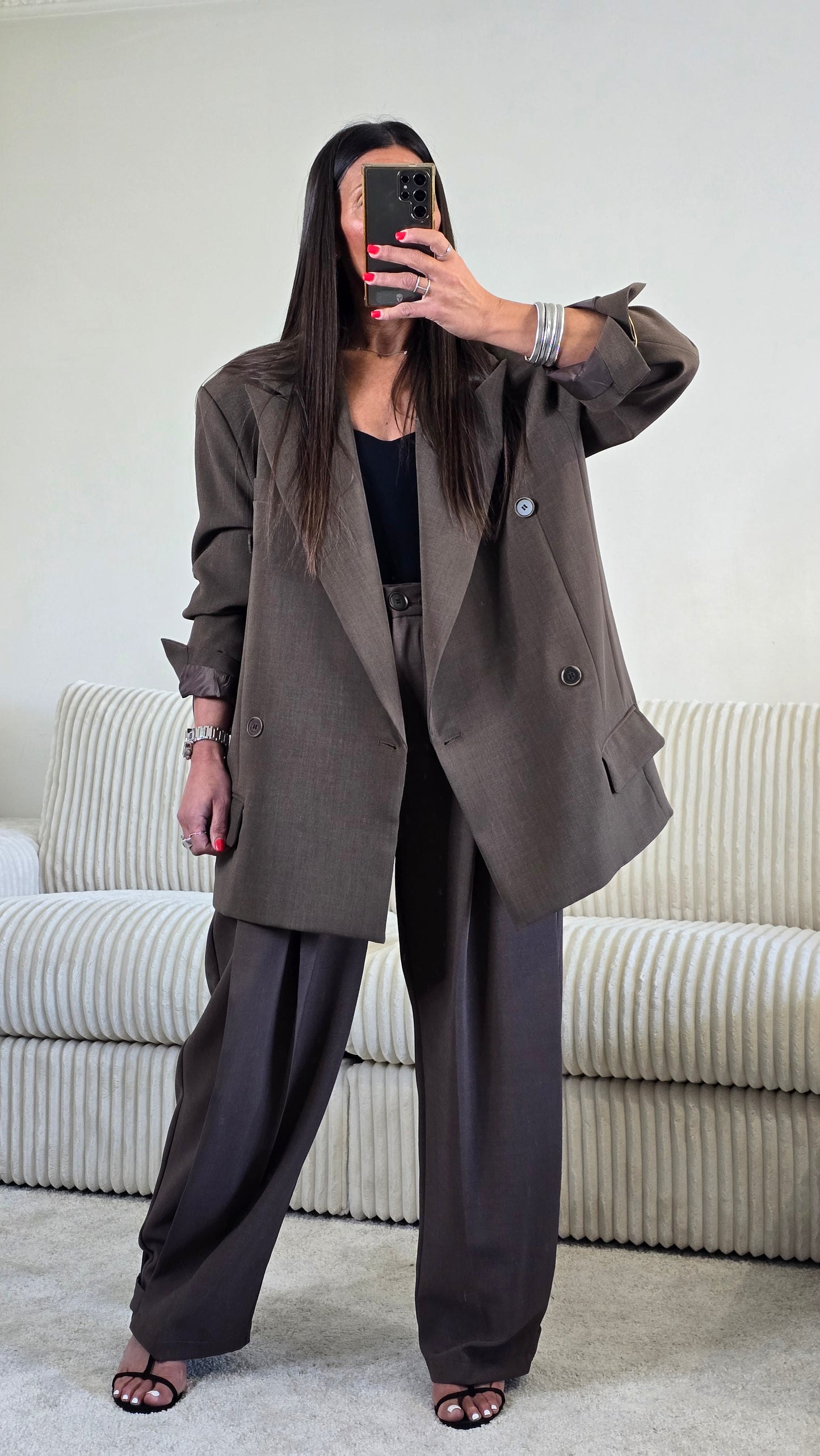 Blazer oversize chocolat – coupe tailoring structurée & double boutonnage
