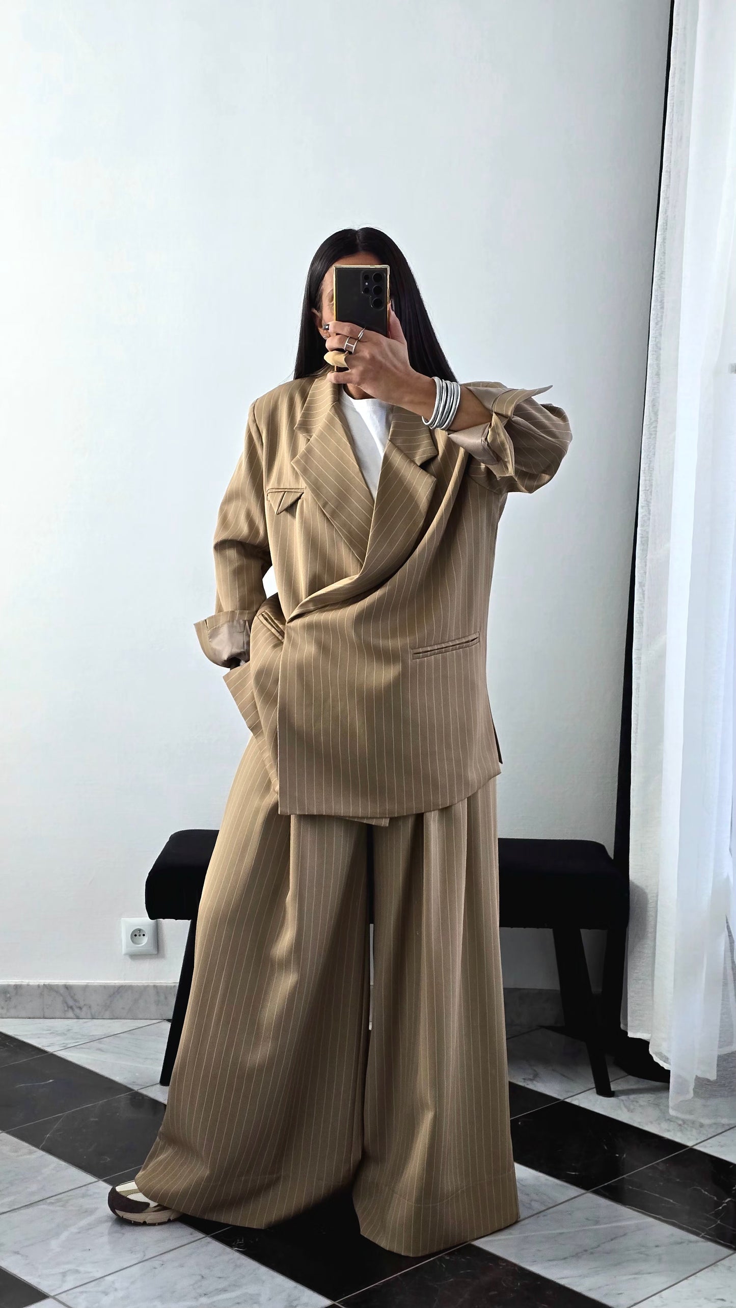 Blazer Oversize Rayé – Beige