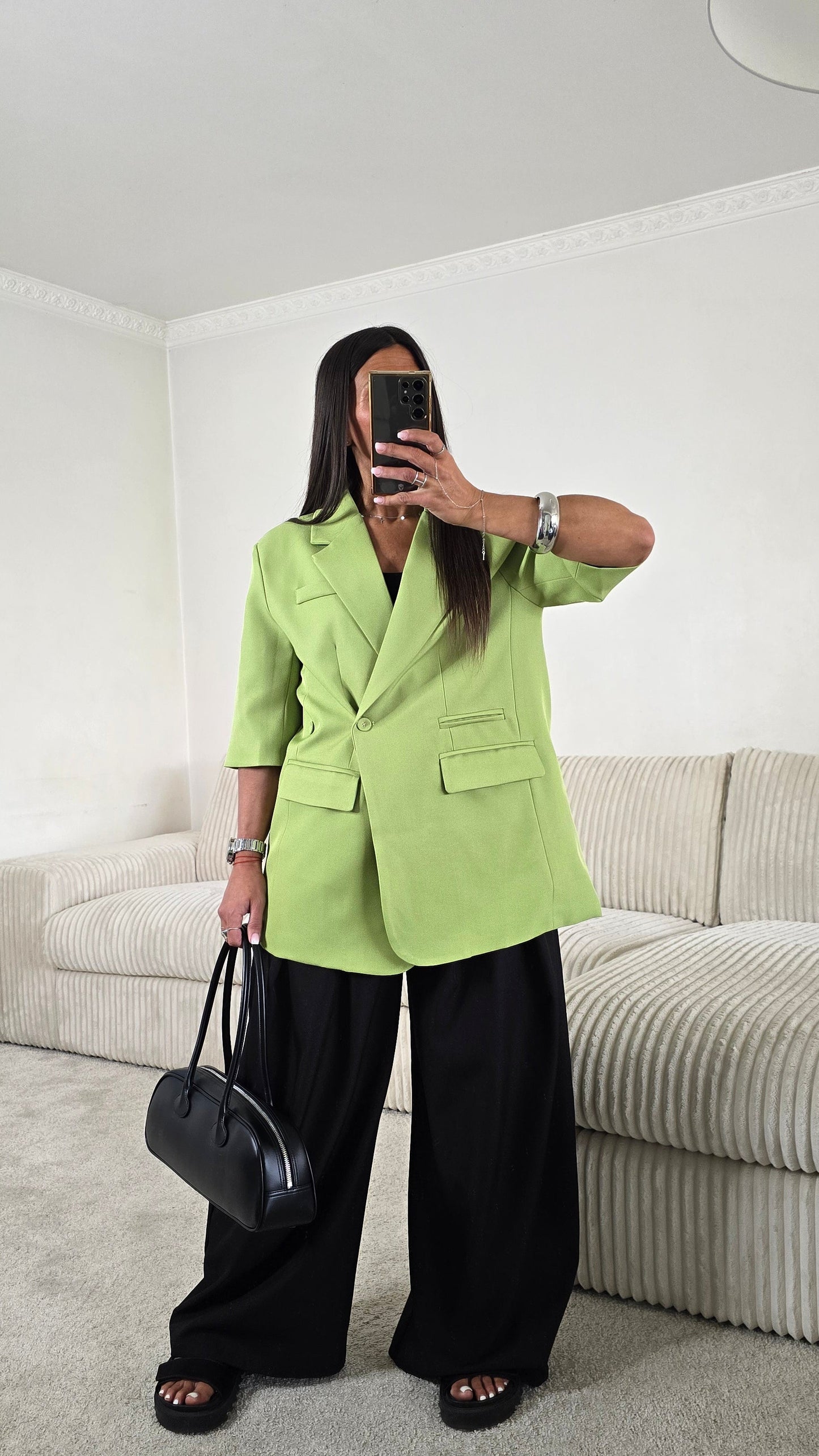 Blazer vert matcha manches courtes ajustable – style chic & sophistiqué