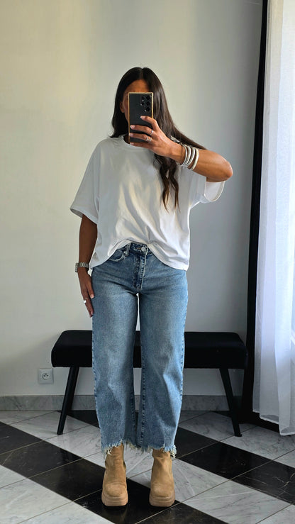 Jean Balloon Crop – Délavé Bleu Authentique