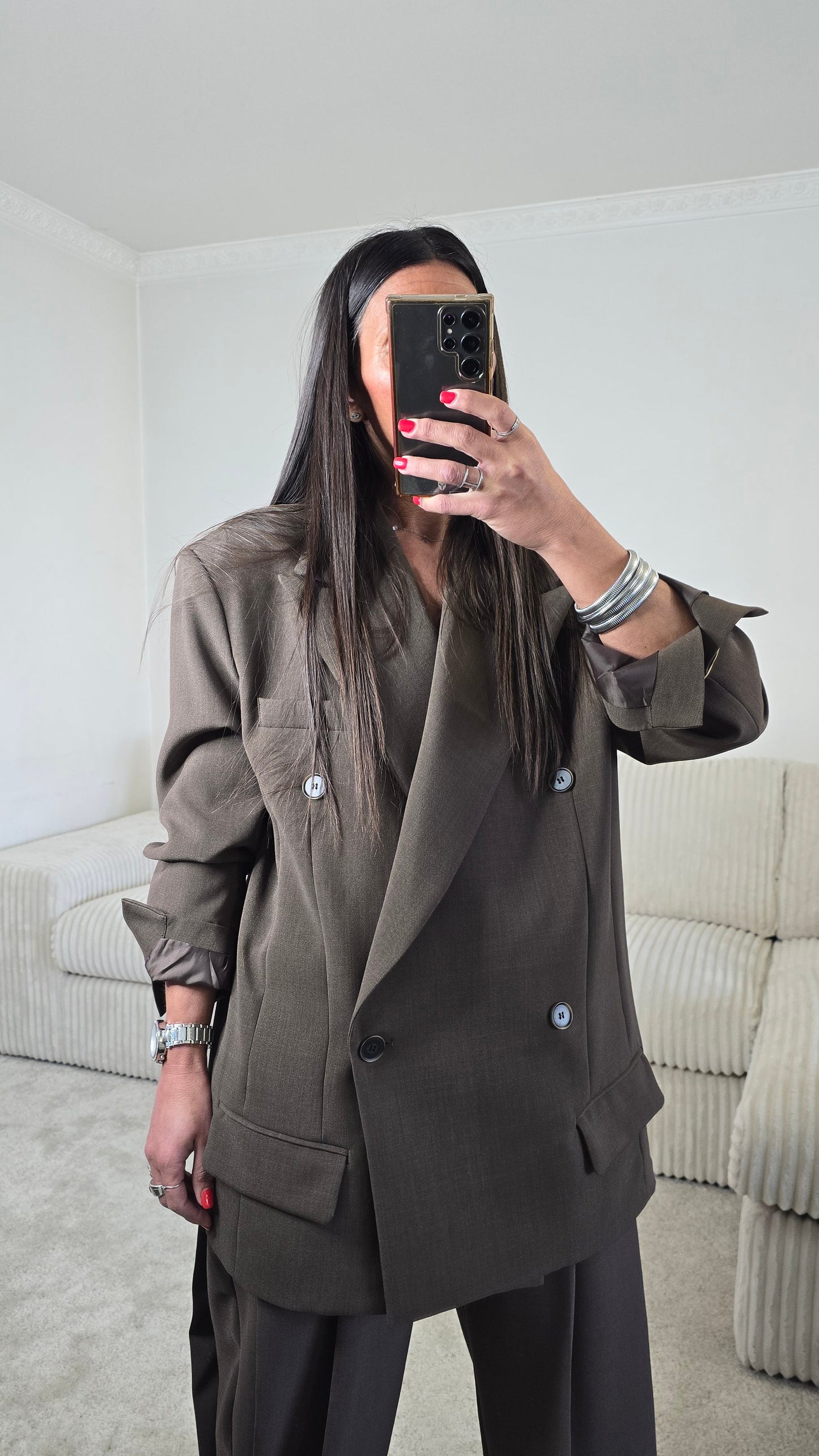 Blazer oversize chocolat – coupe tailoring structurée & double boutonnage