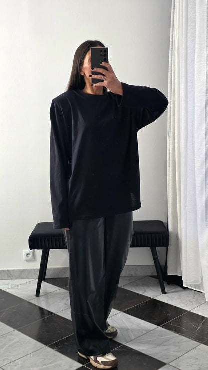 T-shirt structuré en coton noir à épaulettes