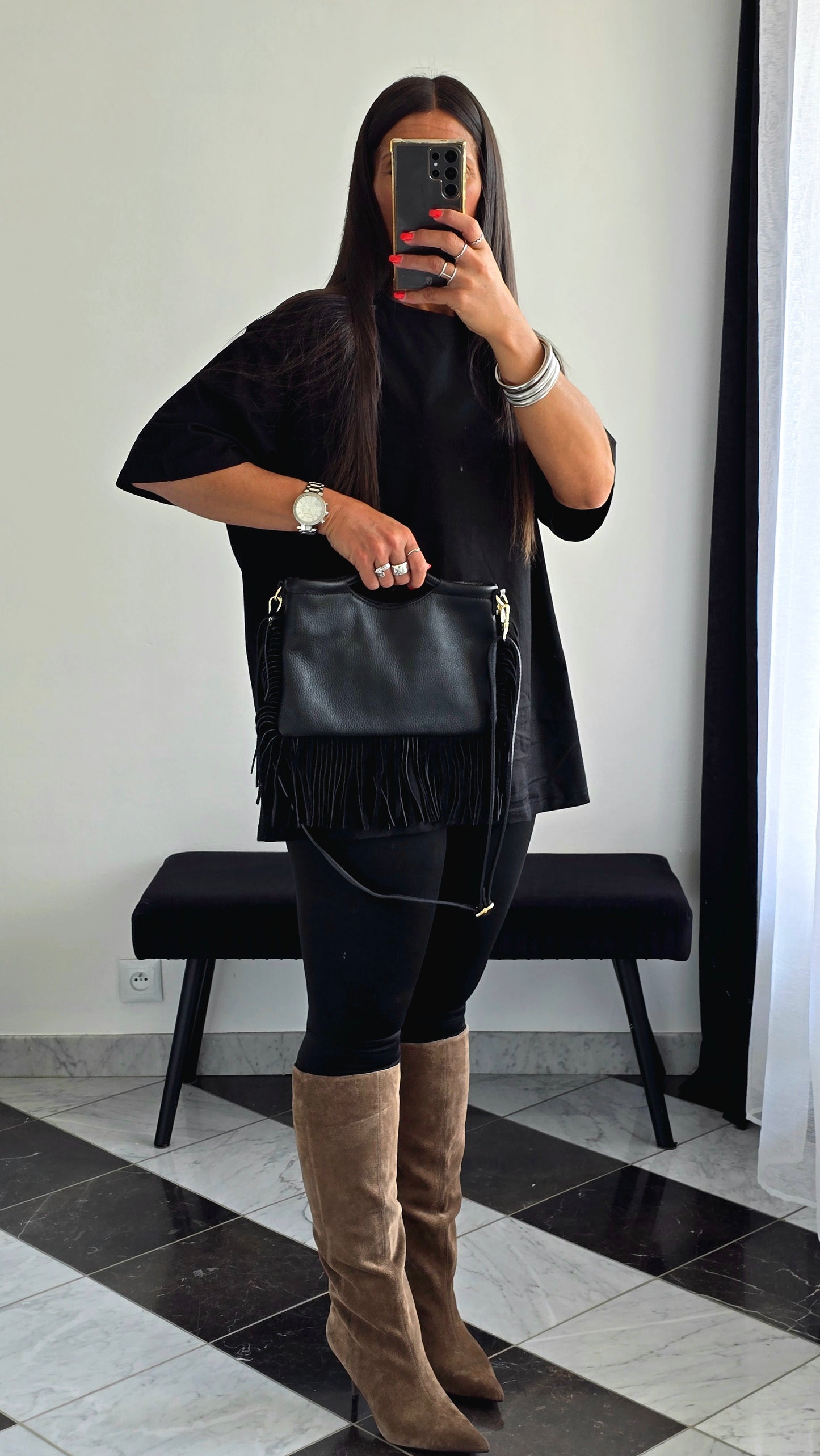 Sac en Cuir de Vachette Noir à Franges