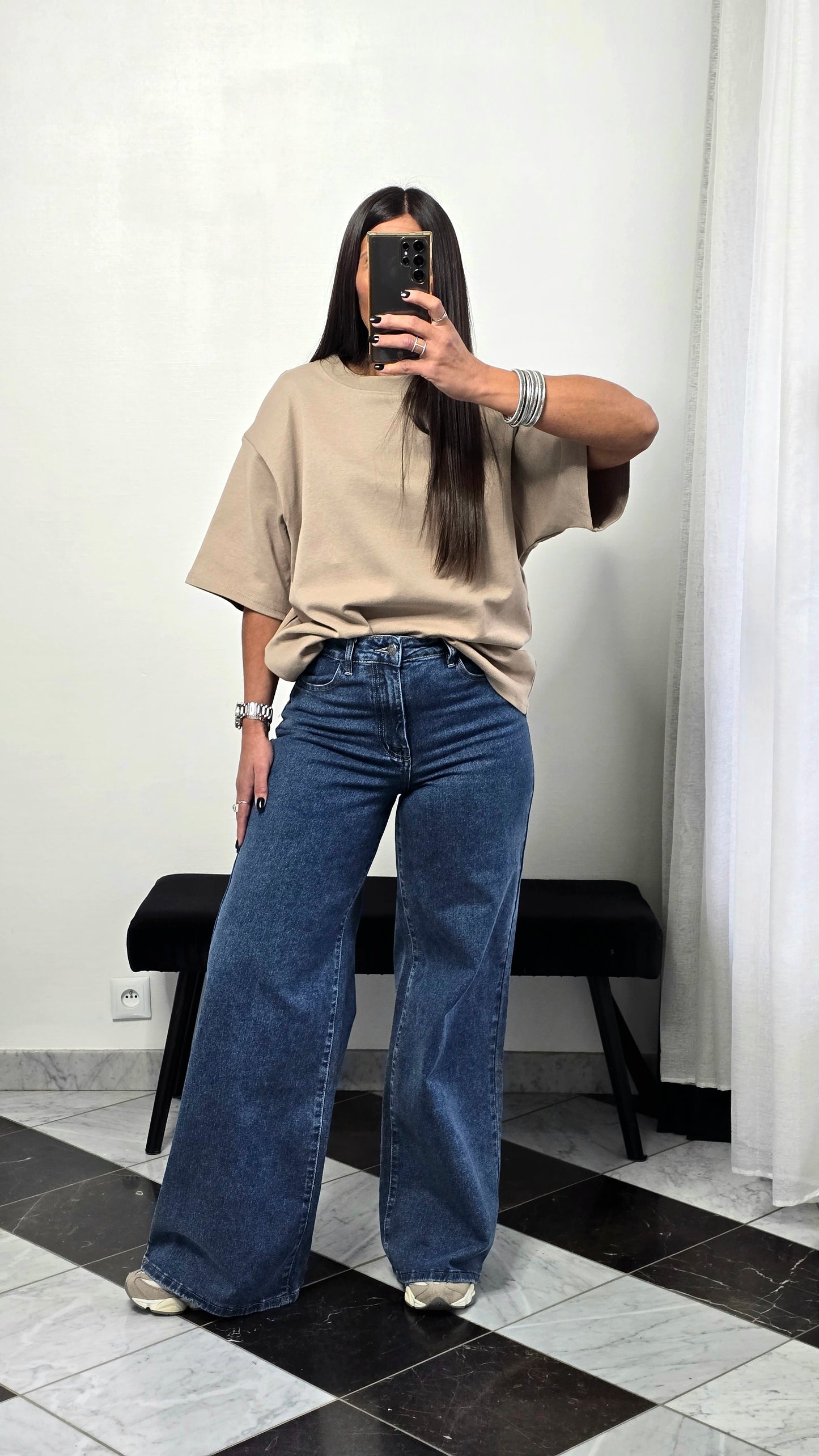 T-shirt à épaulettes taupe en coton épais