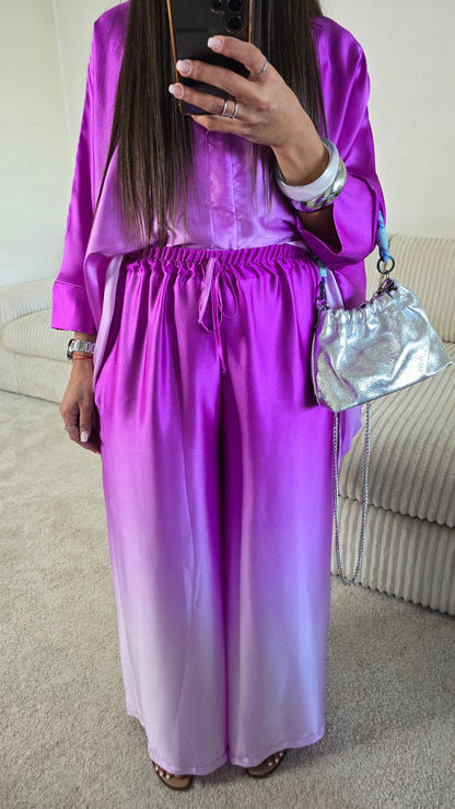 Pantalon satiné dégradé violet – effet tie & dye lumineux