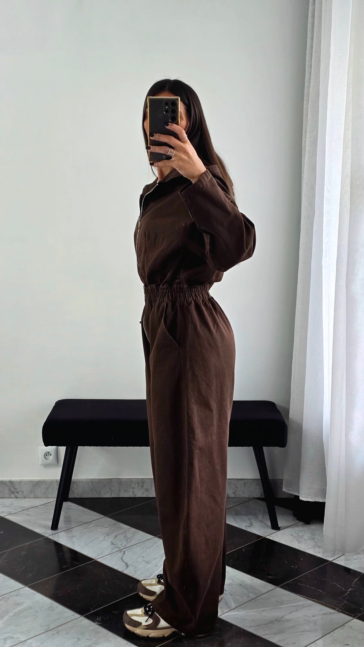 Combinaison chocolat en coton – zip & capuche